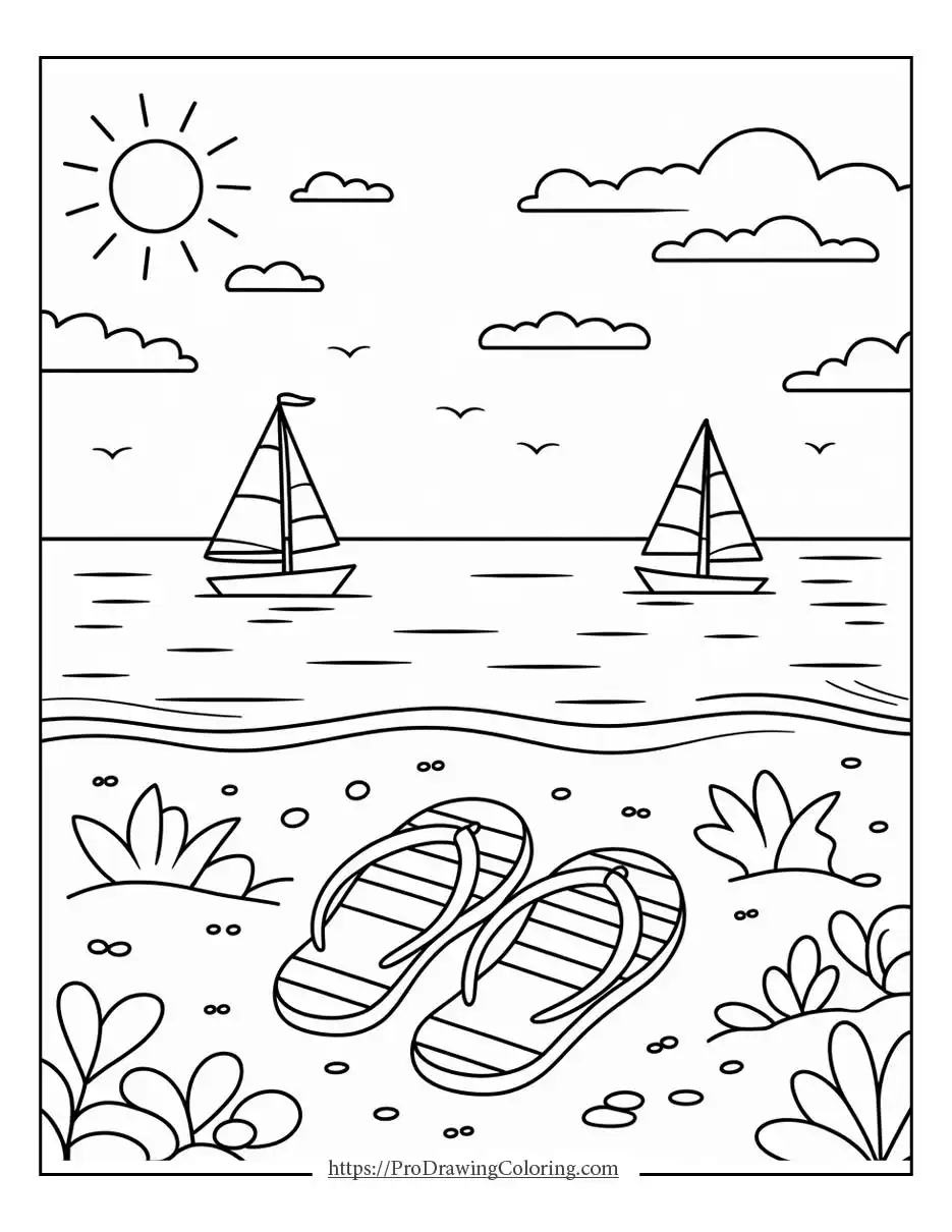 Peaceful beach scene with flip flops, sailboats, and calm ocean for beach summer coloring pages
