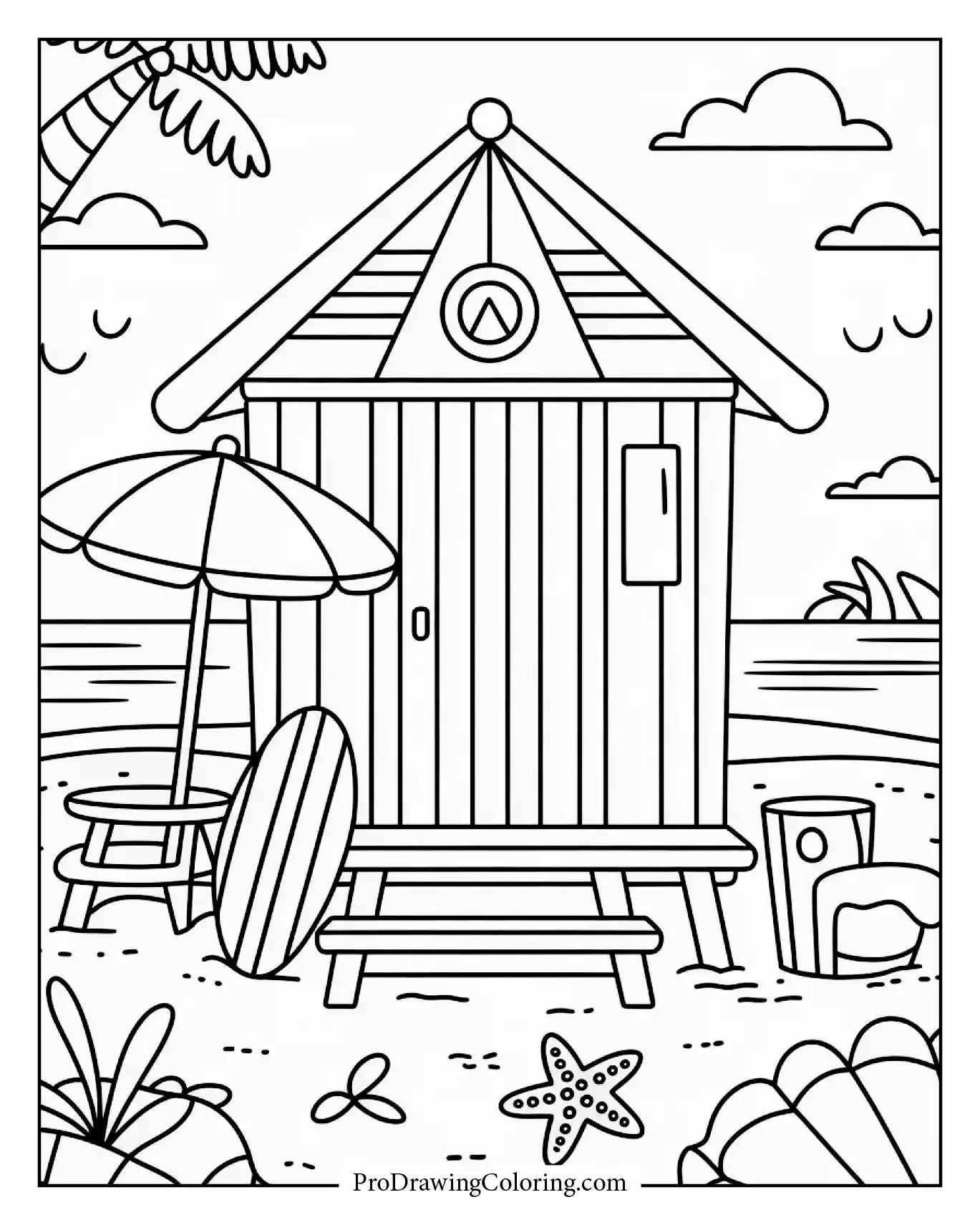 Beach coloring pages – surf hut and umbrella on the beach