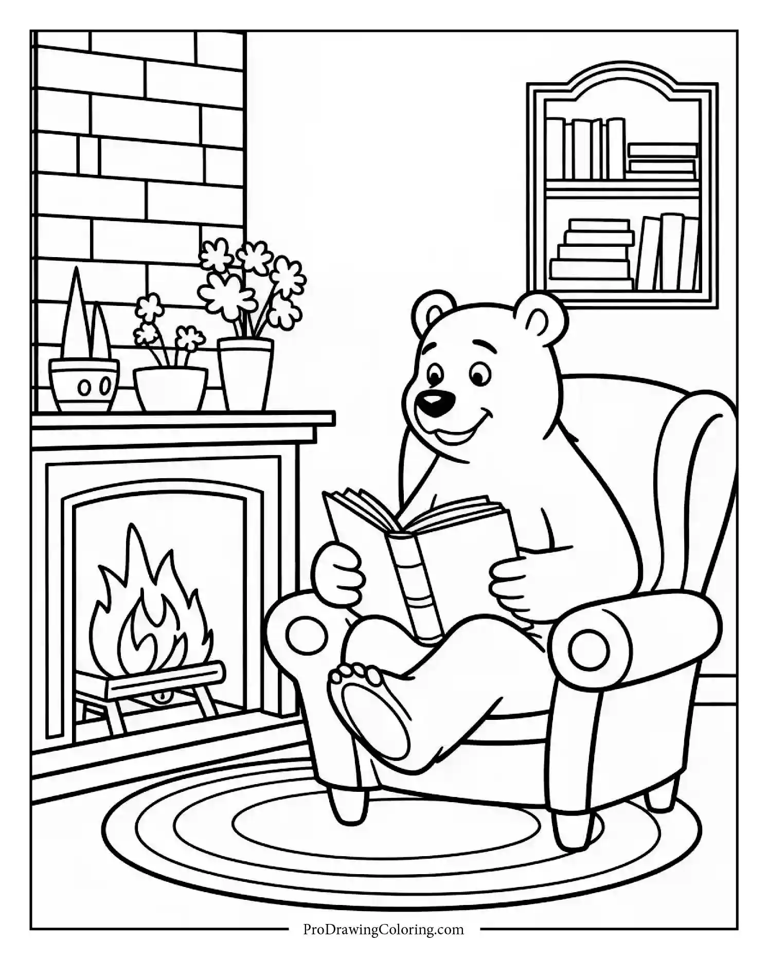Bear sitting comfortably in chair reading near warm fireplace