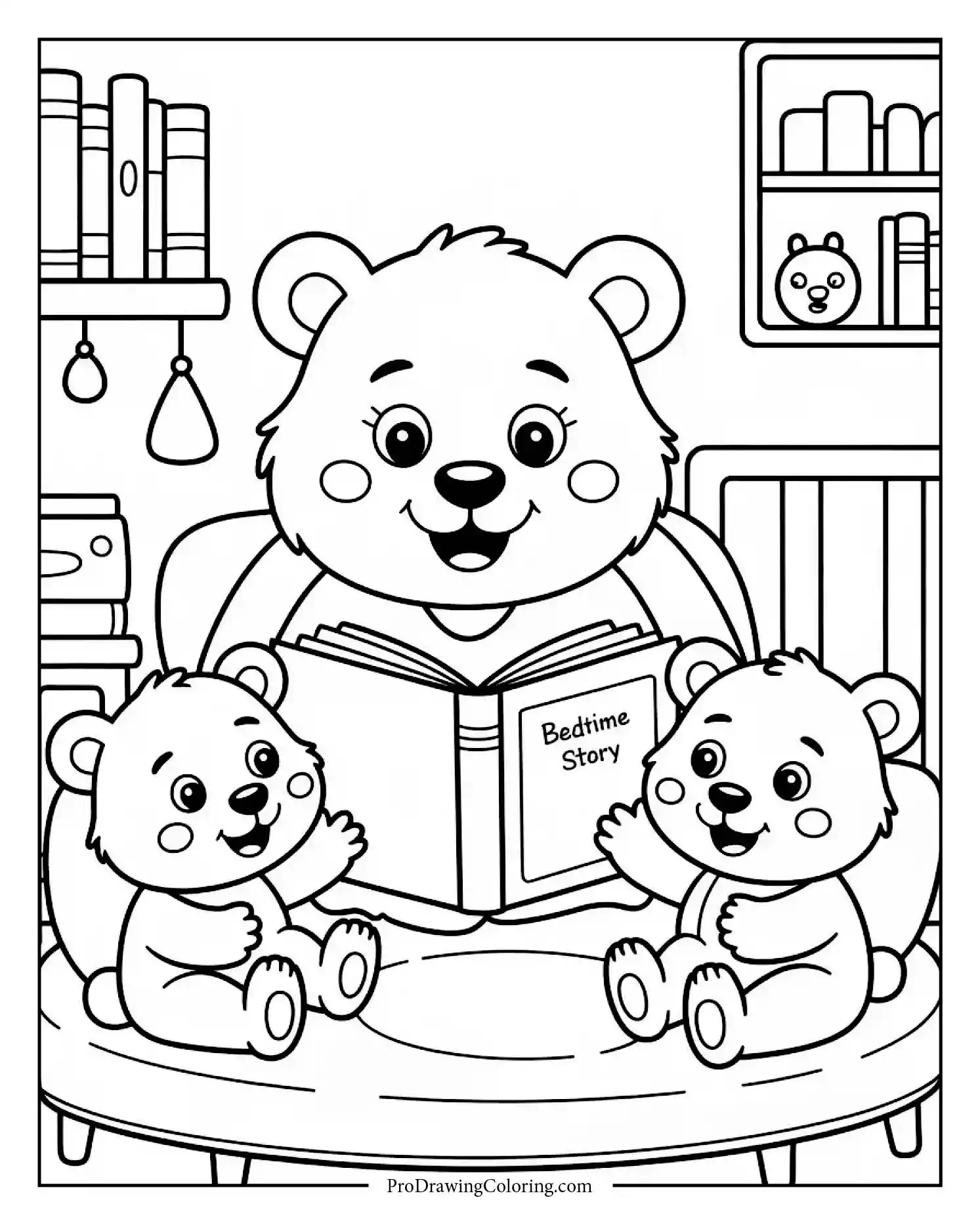 Mother bear reading bedtime story to her cubs, printable coloring sheet for kids