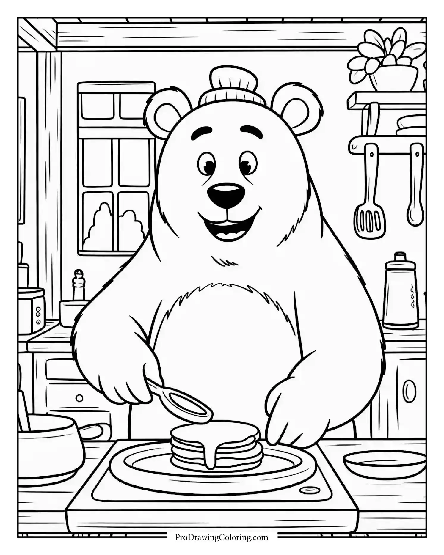 Bear wearing apron cooking pancakes in cozy forest cabin, printable coloring page