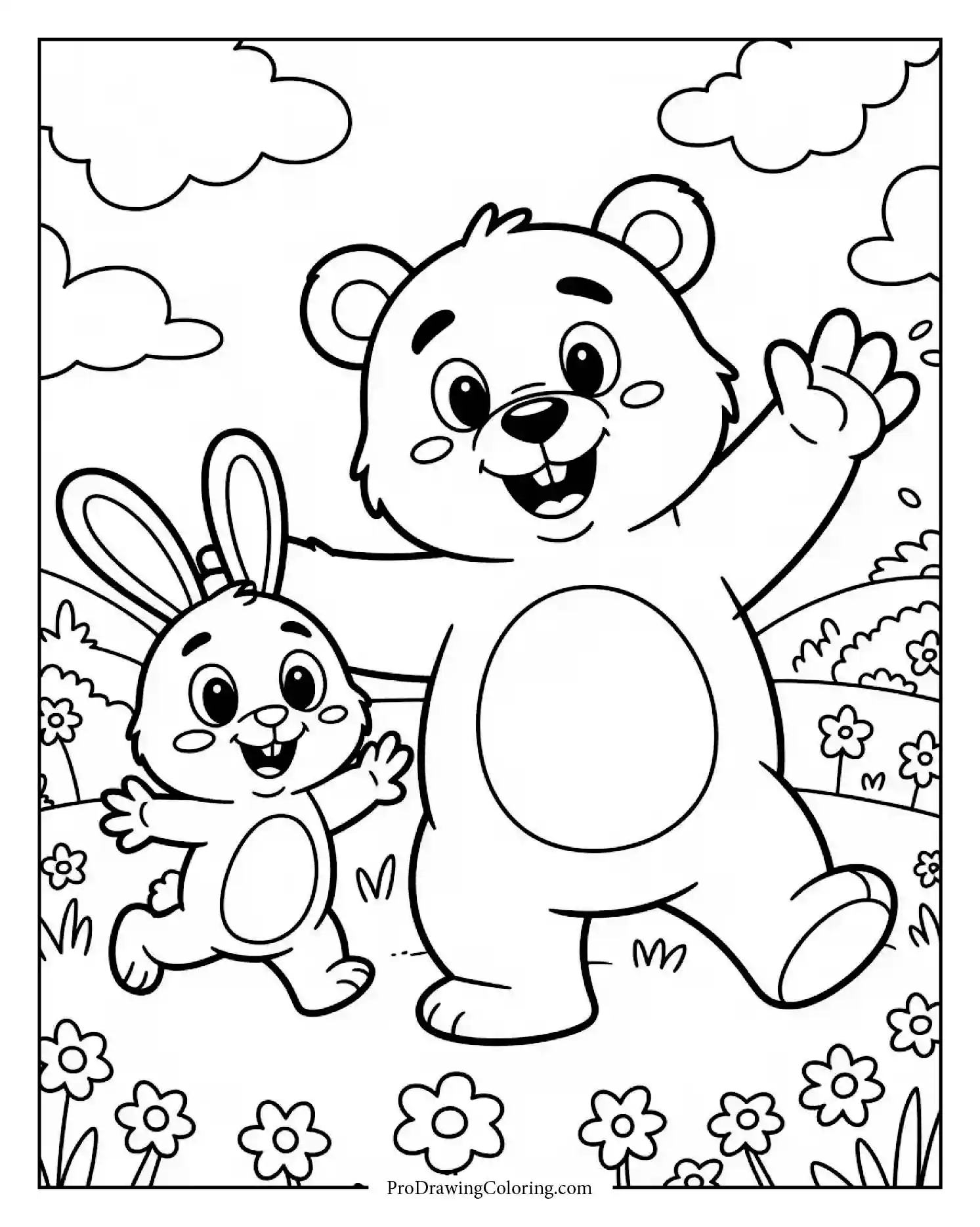 Bear dancing joyfully with rabbit in colorful spring field, printable sheet for kids