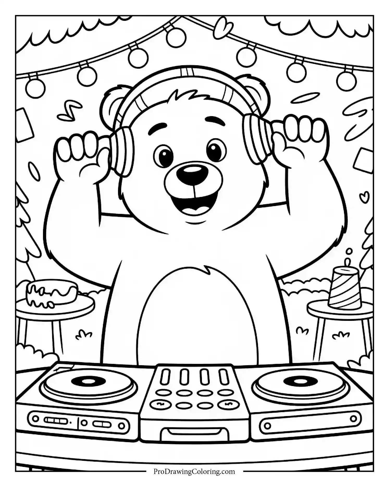 Bear DJ mixing music at forest party with colorful lights, printable coloring page for adults