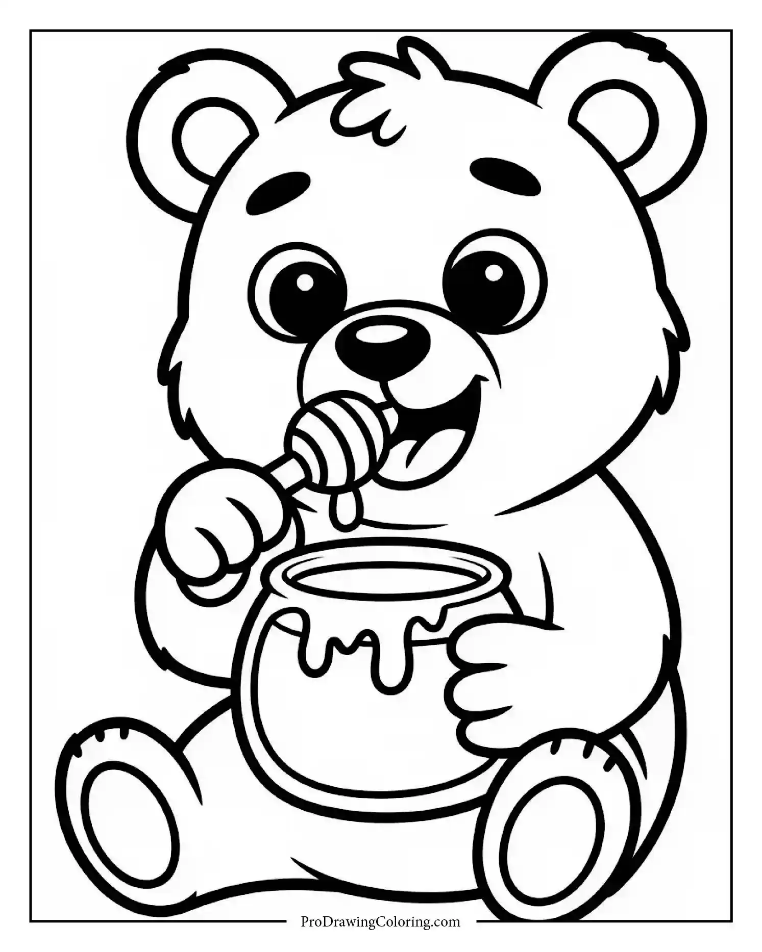 Smiling bear eating honey from jar, printable coloring sheet for kids