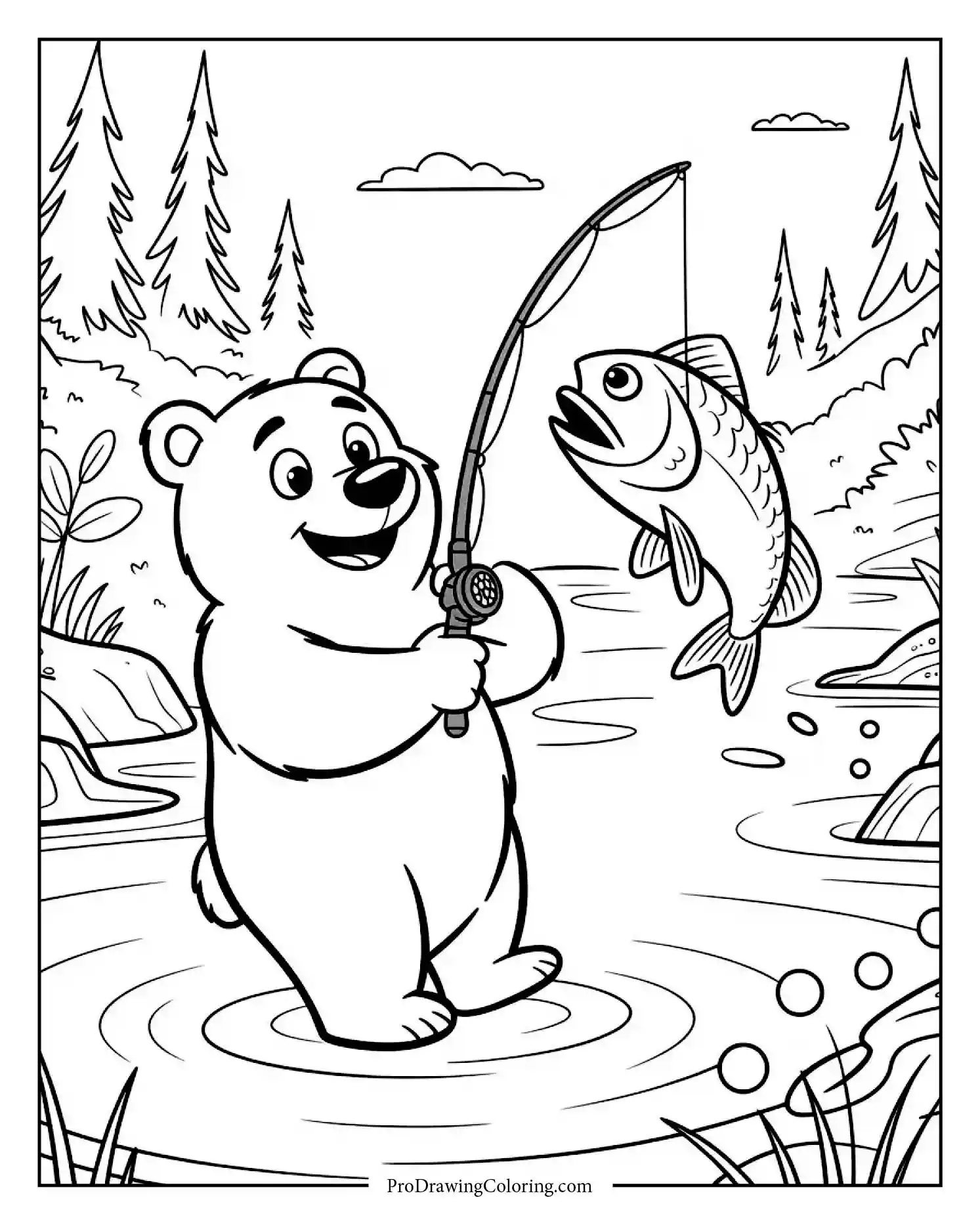 Realistic bear catching fish from river, printable bear coloring page for adults