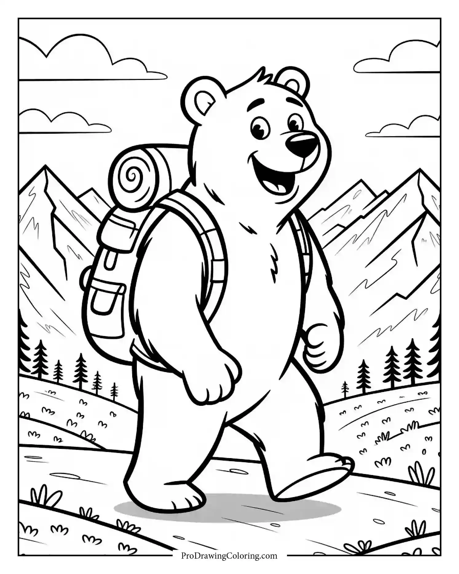 Adventure bear hiking through mountains with backpack, printable sheet for adults