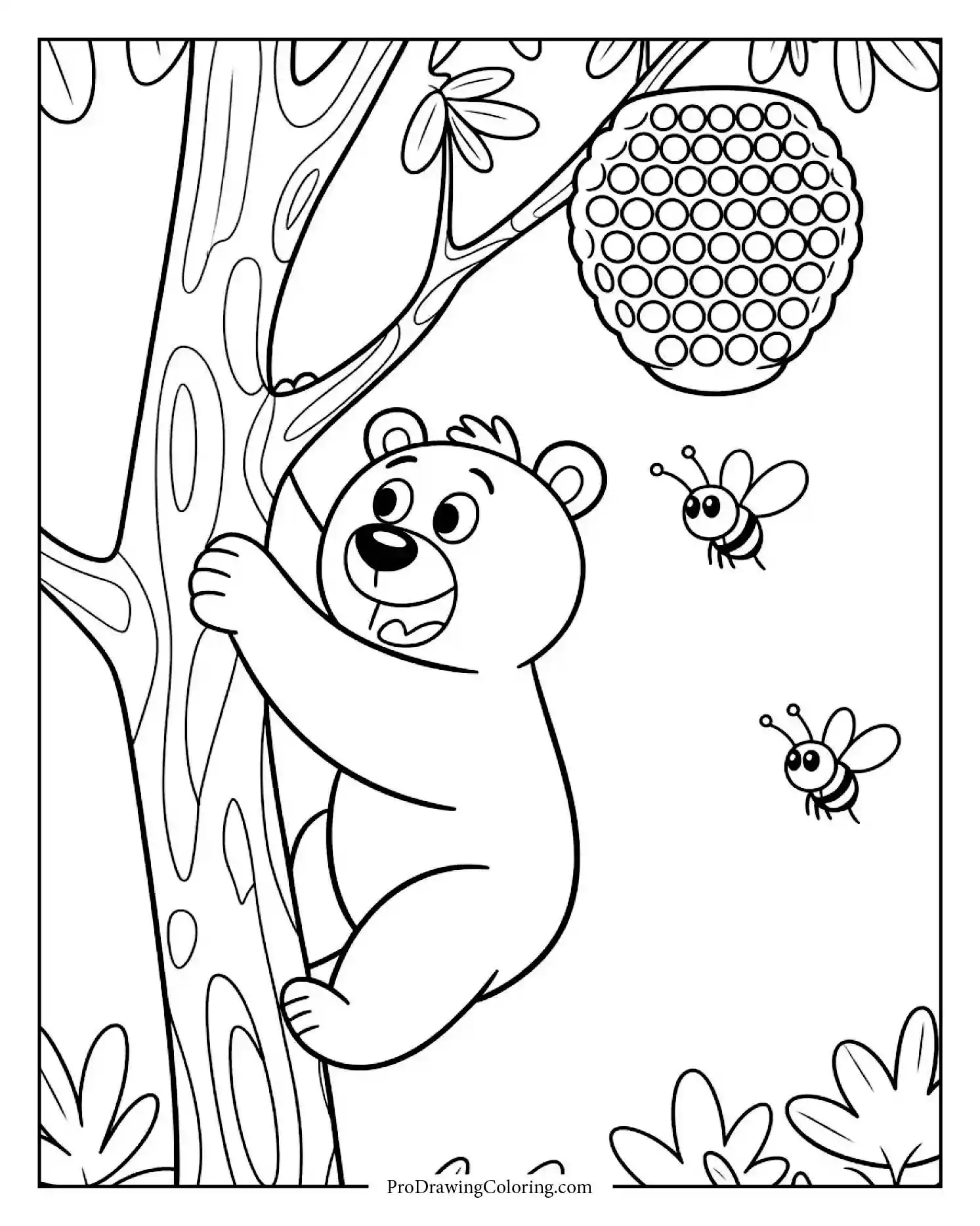 Bear climbing tall tree to grab honeycomb, printable coloring sheet for adults
