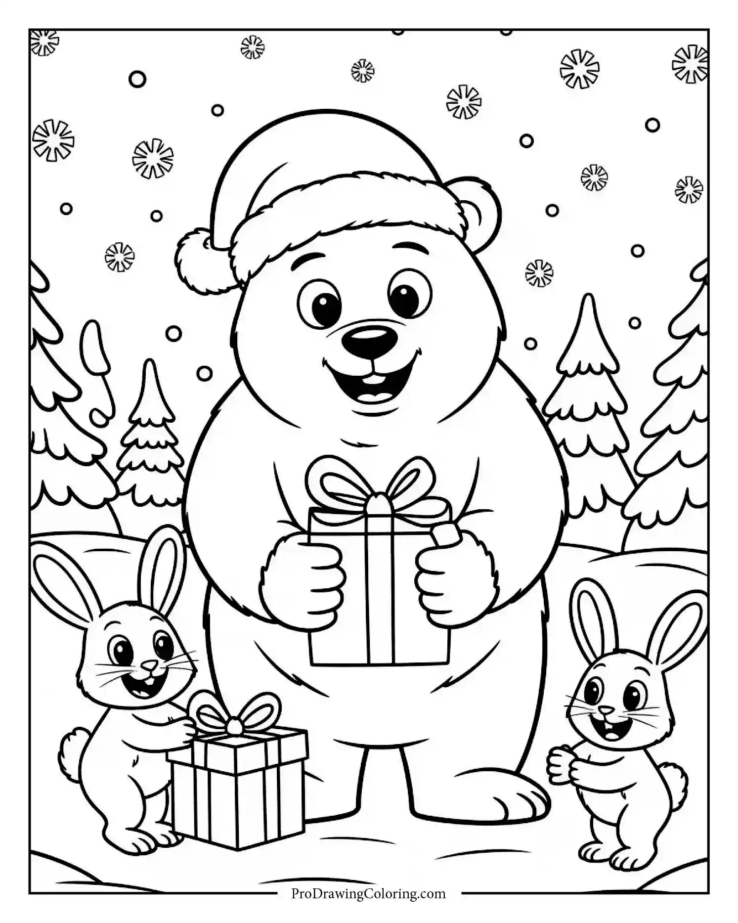 Bear in Santa hat giving gifts to rabbits in snowy forest, printable coloring sheet for adults