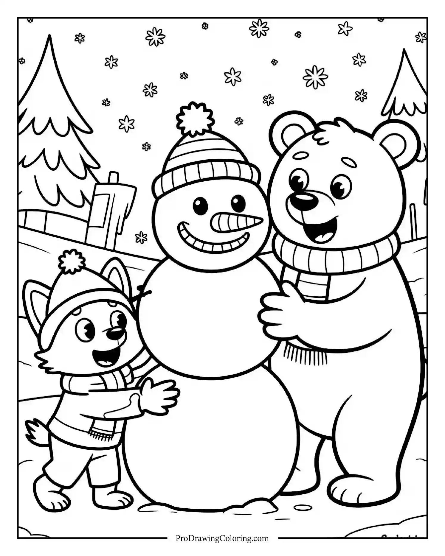 Bear and fox building snowman together in snowy forest, printable coloring page for kids