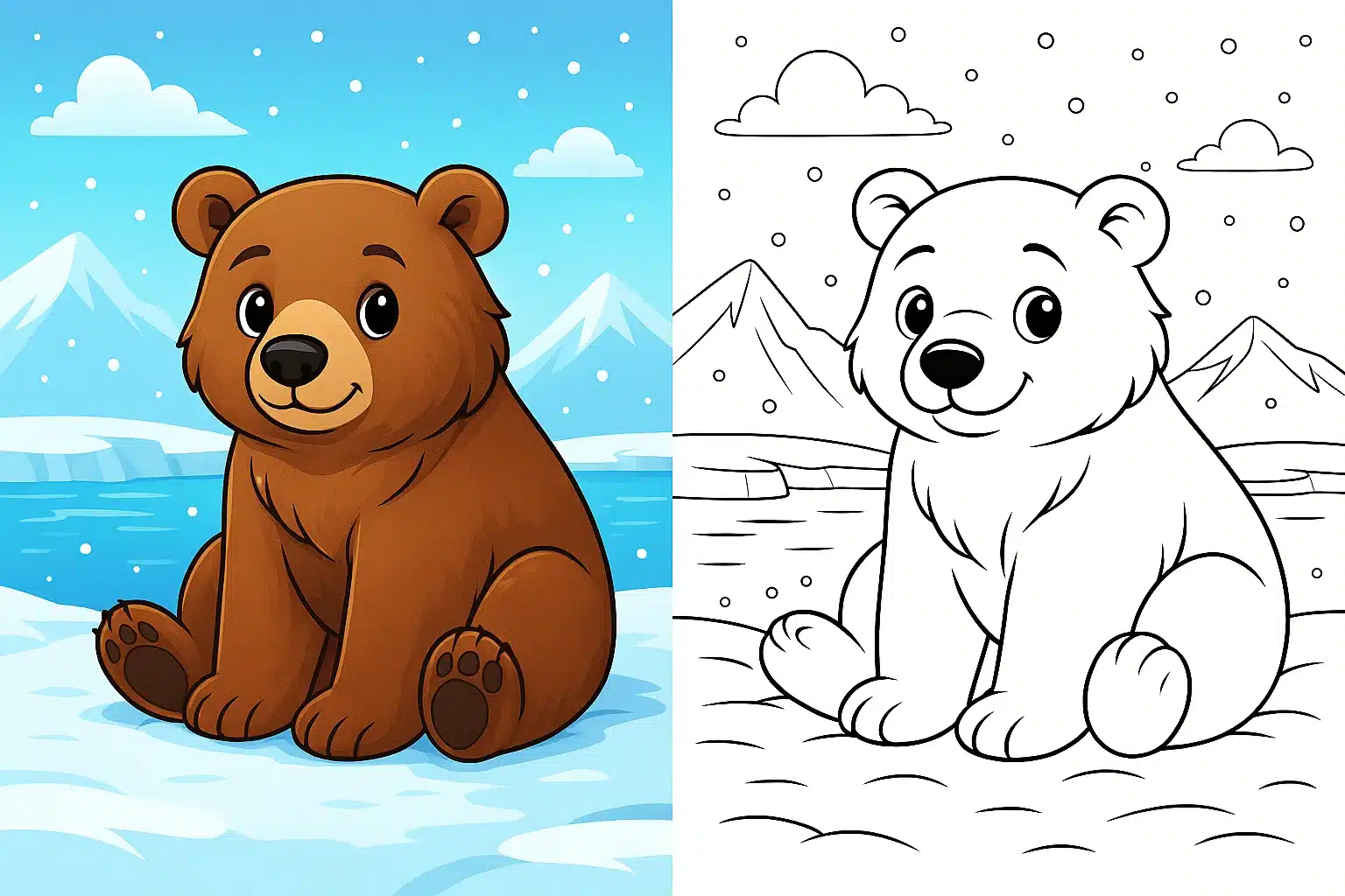 bear coloring pages – cute semi-realistic cartoon bear sitting on snowy ground at the North Pole with icy mountains and falling snow; left side fully colored Arctic scene, right side identical black-and-white bear