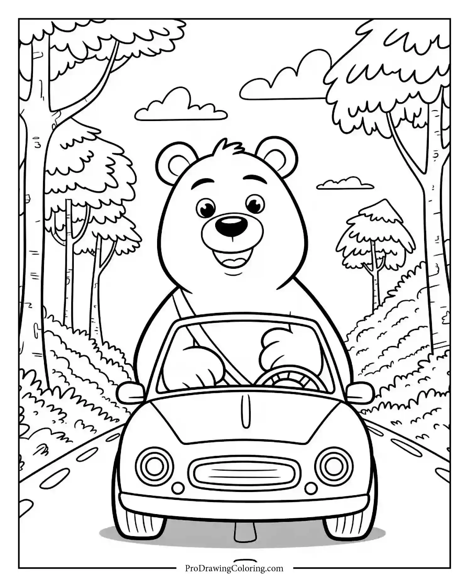 Bear driving small red car through forest path with smile