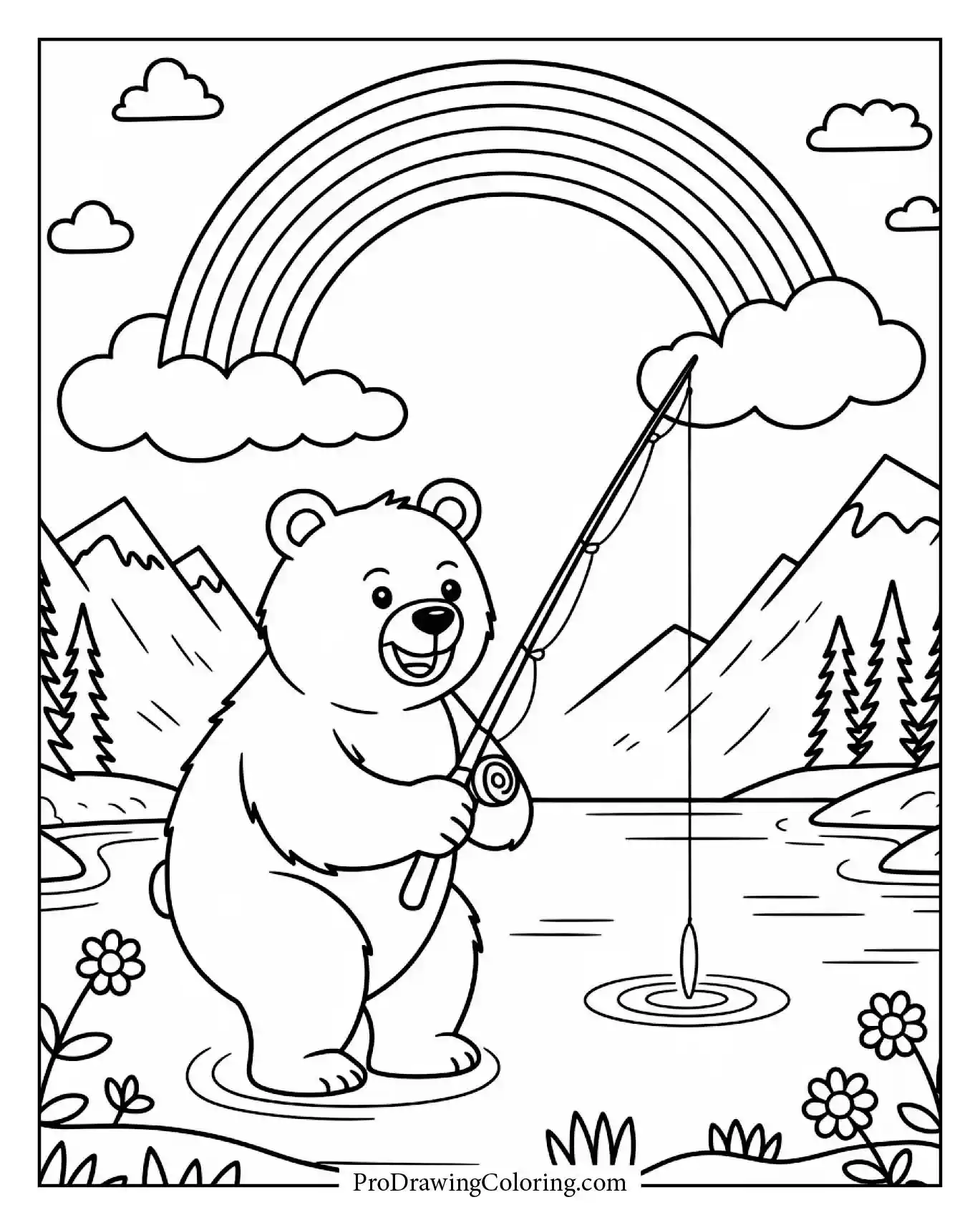 A bear fishing in a mountain lake while a soft rainbow arcs through the clouds above