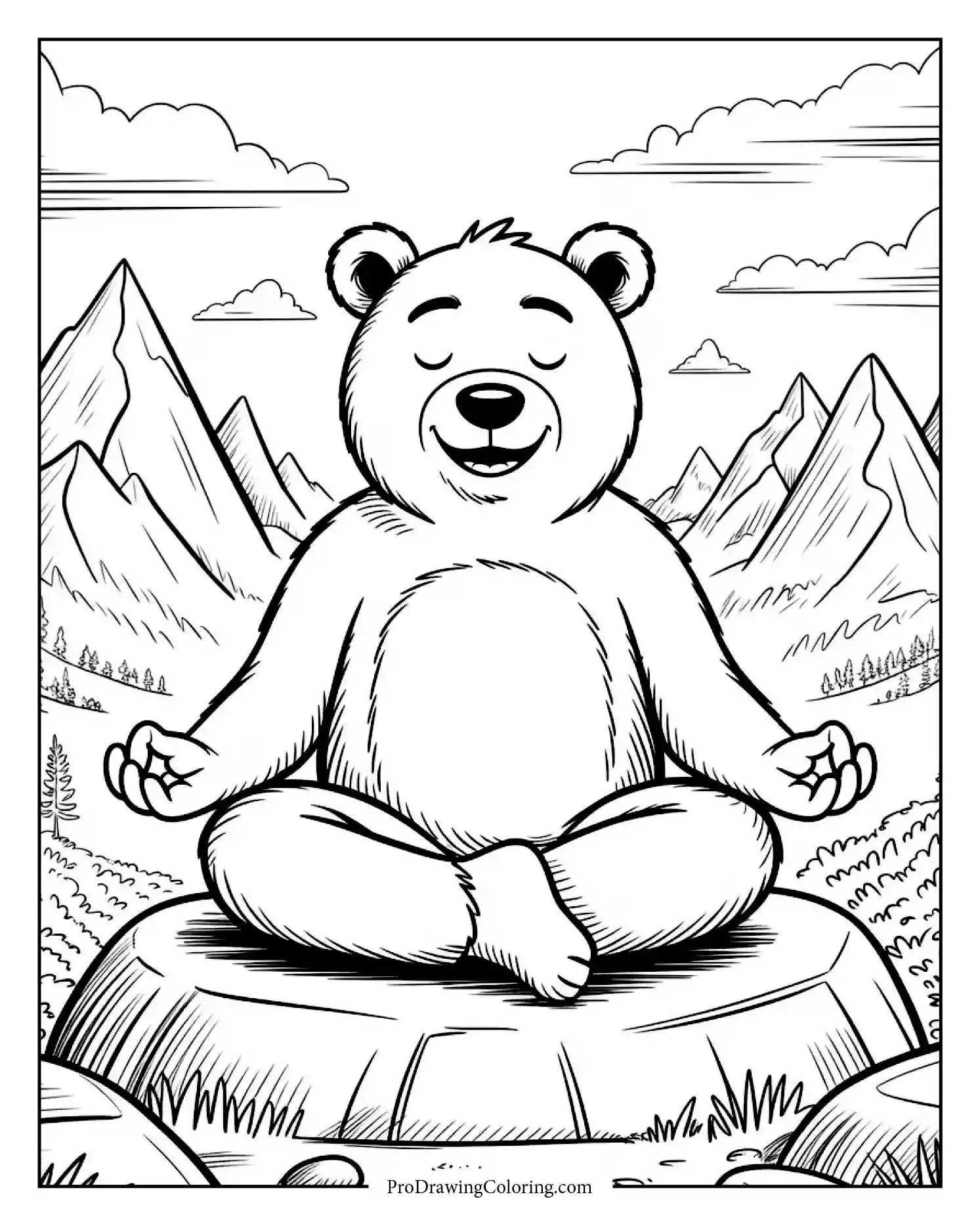 Calm bear meditating peacefully on mountain rock