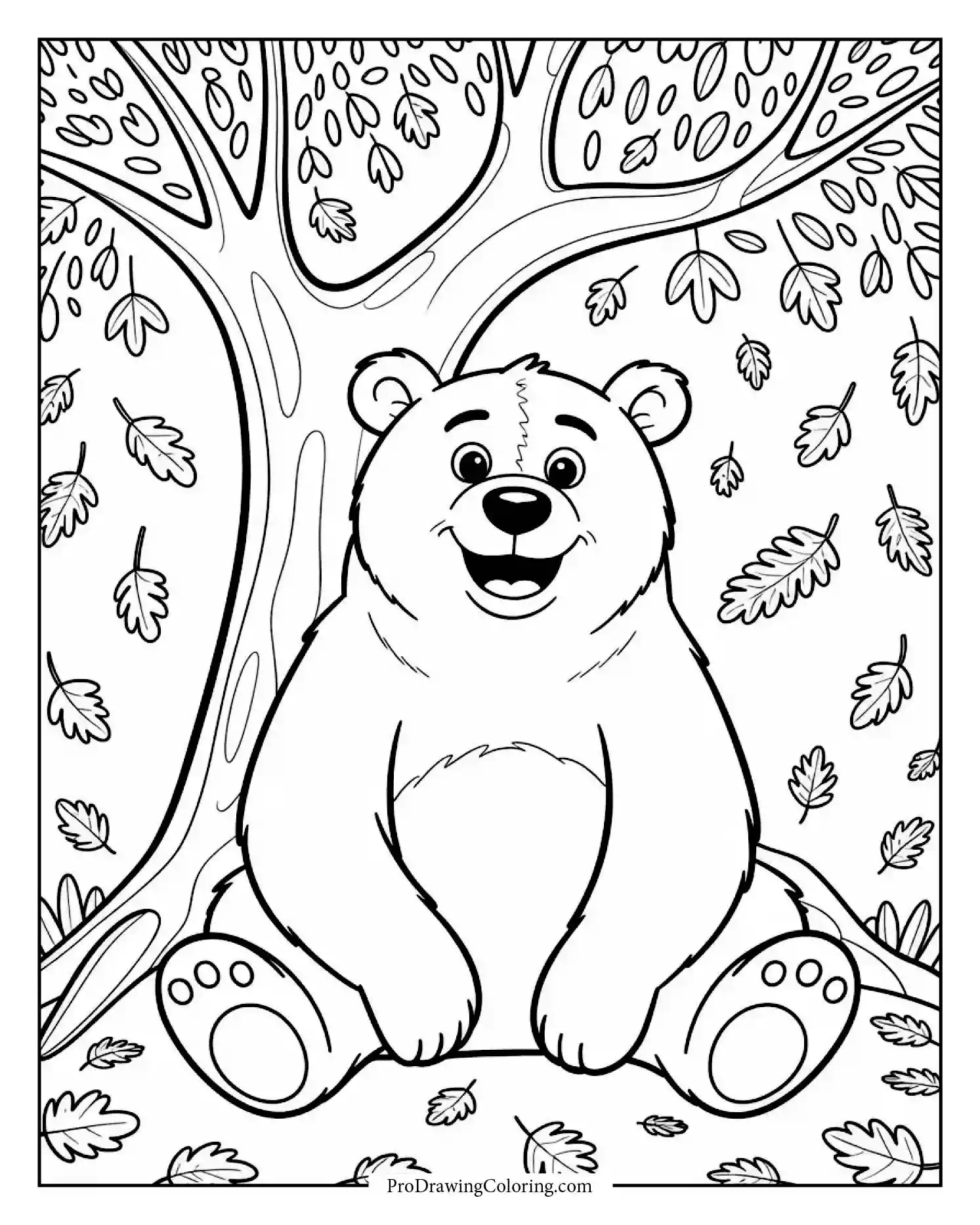 Bear resting peacefully under tree surrounded by falling orange leaves