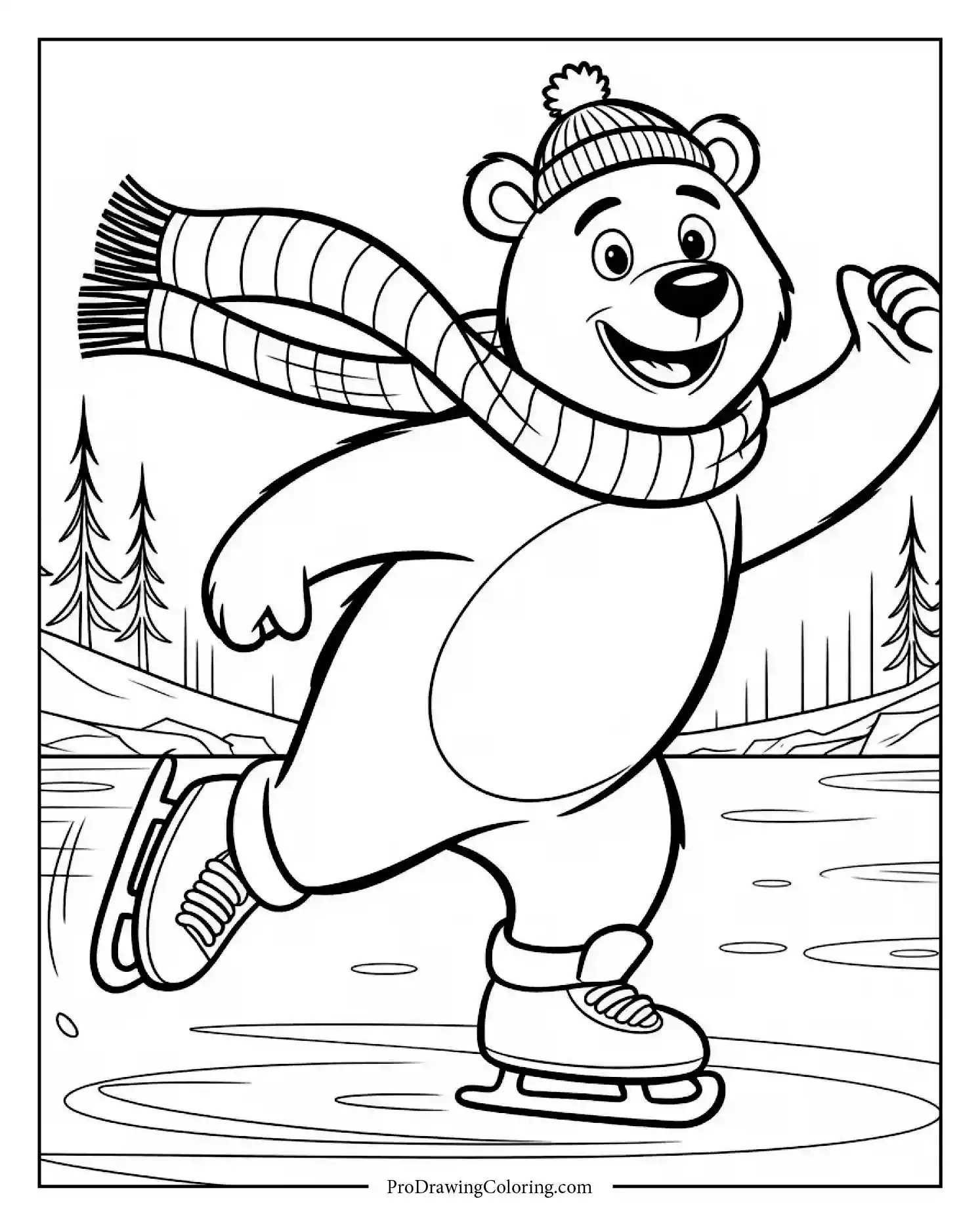 Bear skating joyfully across frozen lake with red scarf