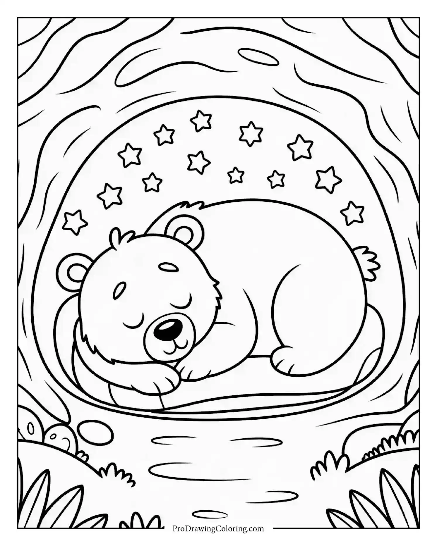 Bear sleeping peacefully in cozy cave under starry sky