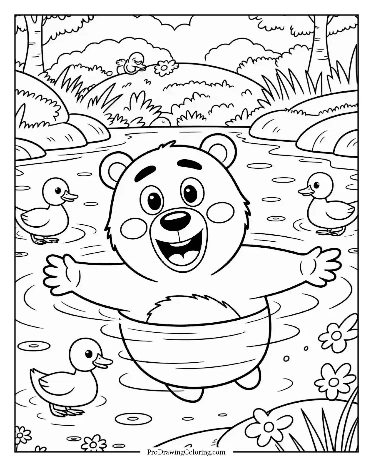 Friendly bear swimming peacefully among ducks in pond