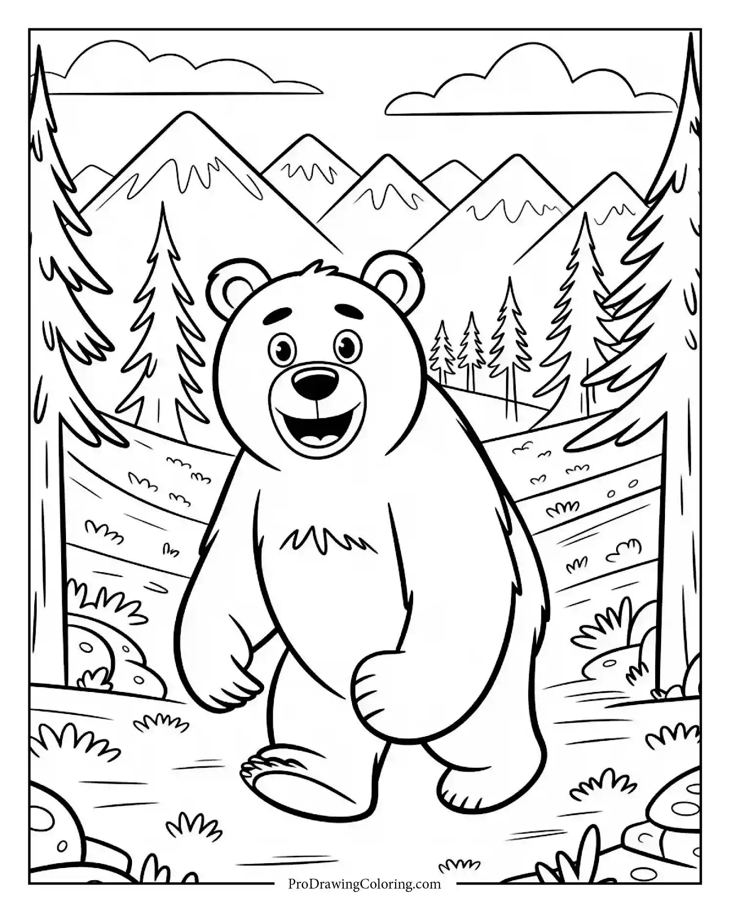 Brown bear walking through pine forest with mountain backdrop