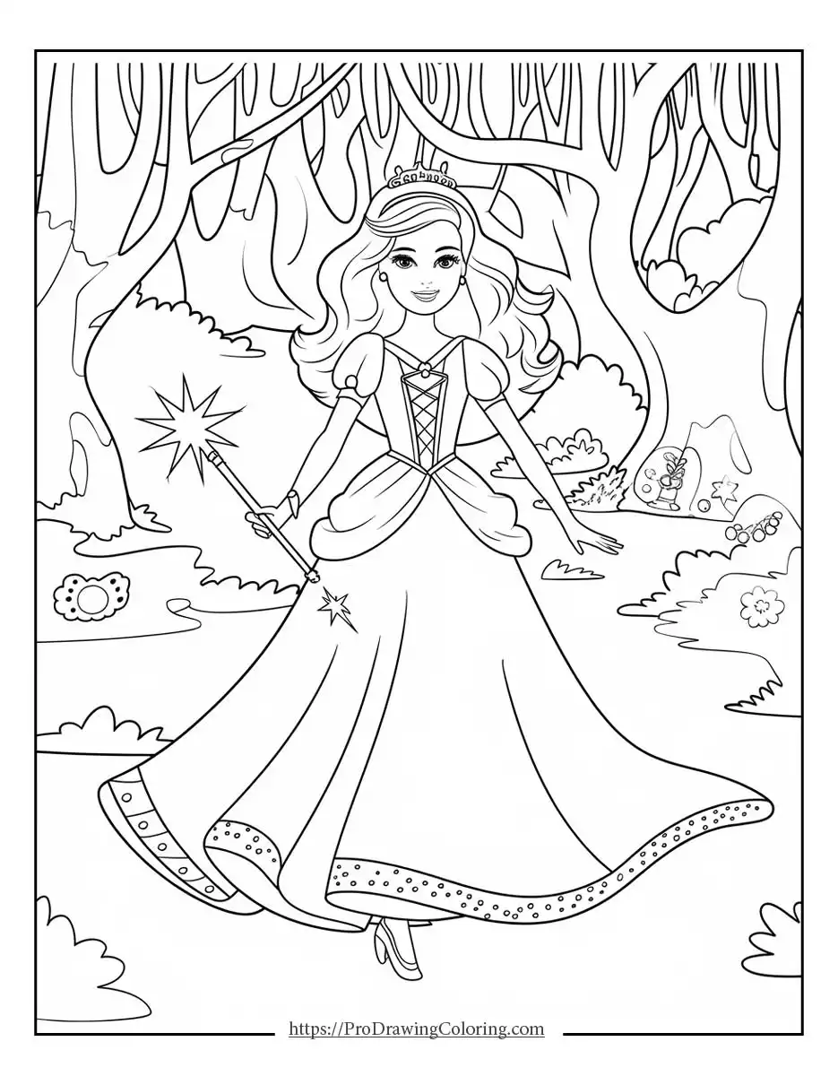 Beautiful Barbie princess coloring pages highlighting an elegant gown and royal details