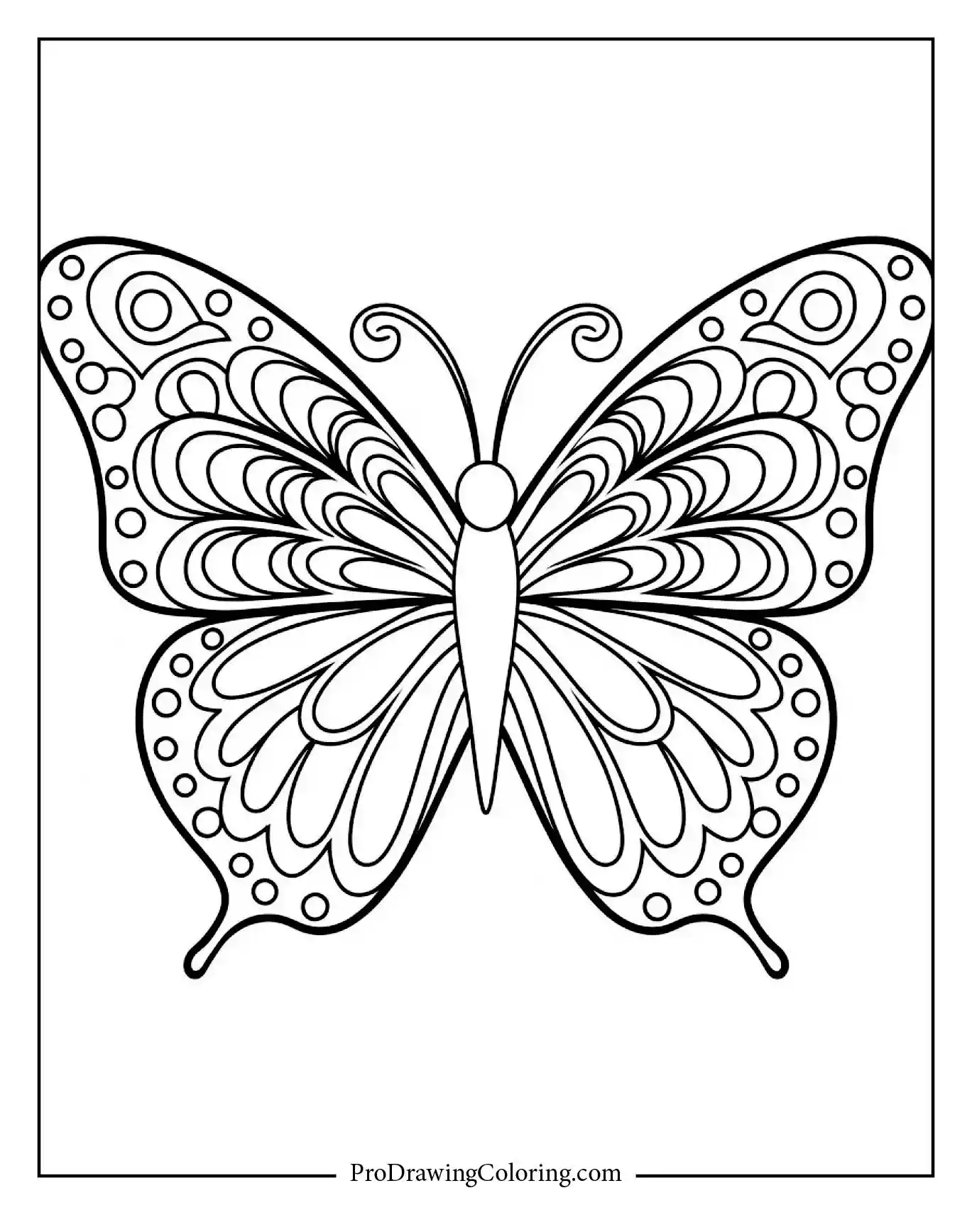 Beautiful butterfly outline with smooth patterned wings, printable and perfect for kids to color – simple and elegant design.