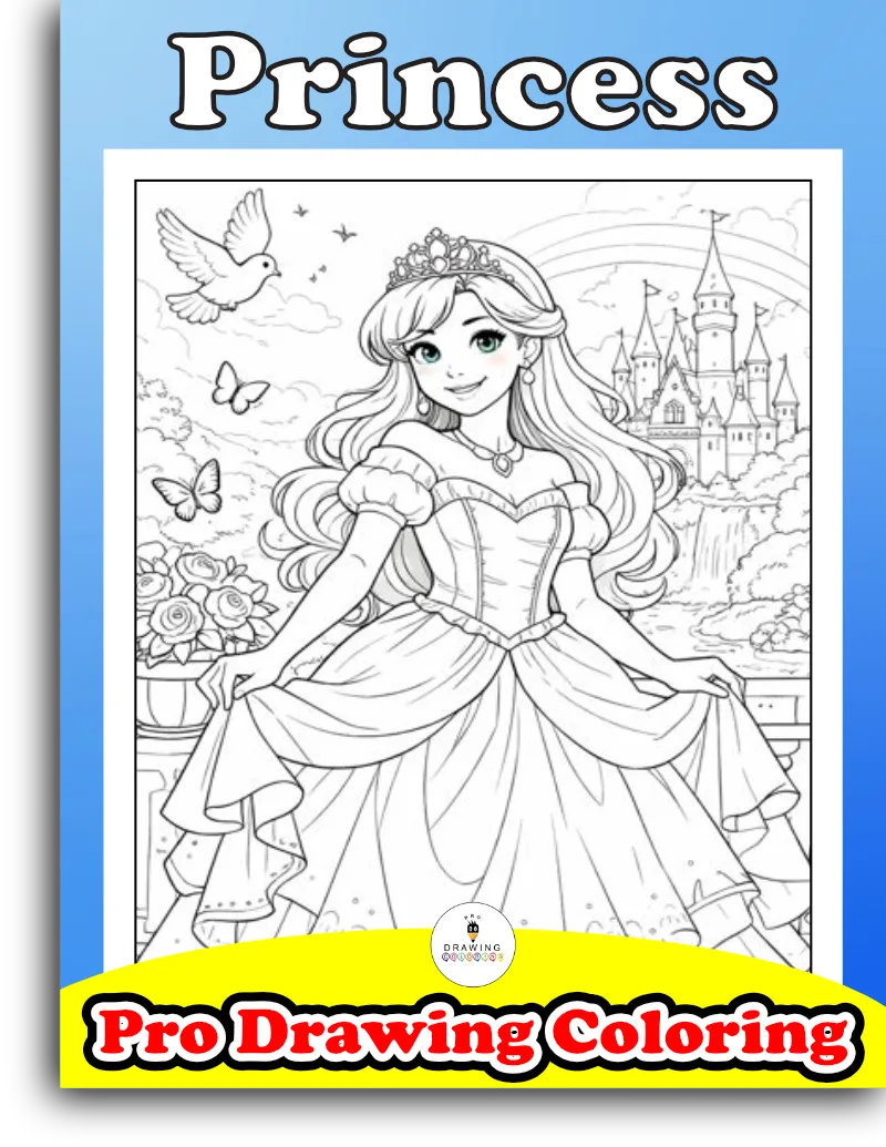 A super cute princess with a crown in front of a magical castle, free printable cartoon for kids in pdf.