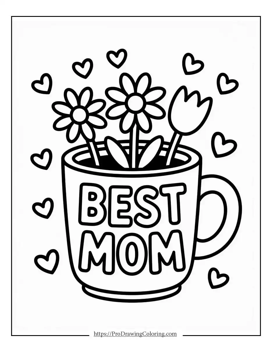 Cute mug filled with flowers and hearts, a lovely Mother’s Day coloring page to print