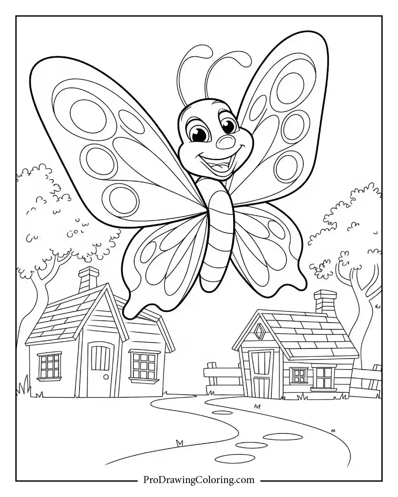 Large butterfly flying above village houses, printable whimsical art.