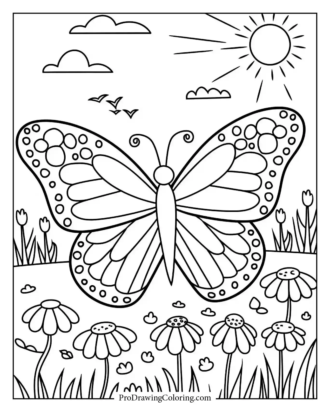 Large butterfly in sunny meadow surrounded by flowers and clouds.