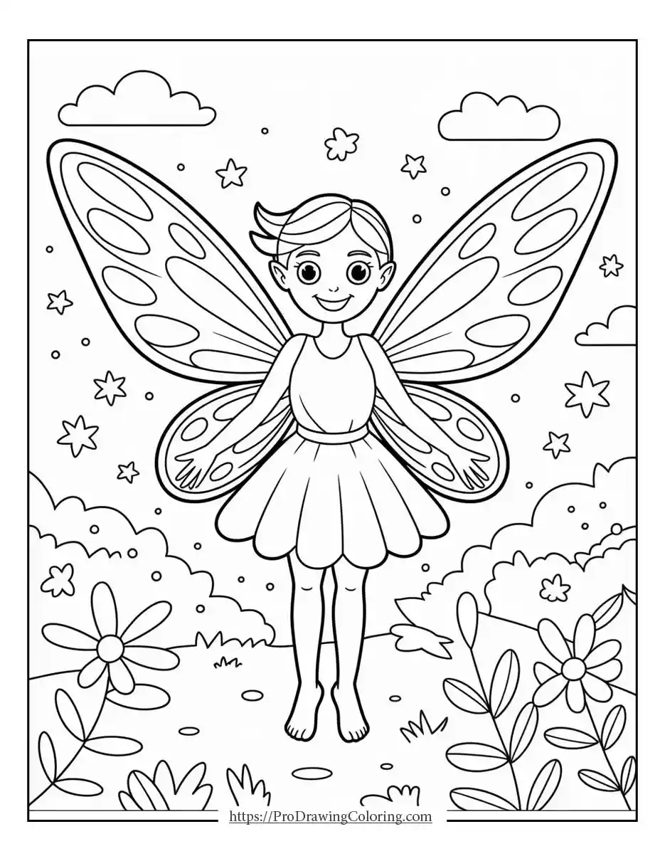 big fairy smiling coloring page Big fairy smiling with open wings for kids