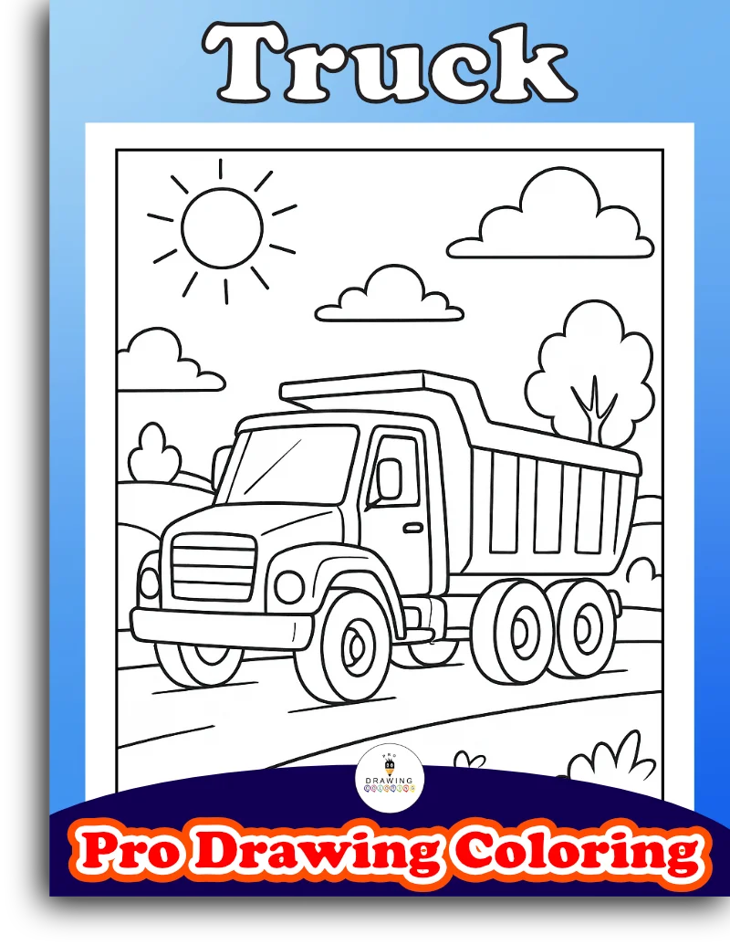 A large truck on the road, this black and white cartoon is a free printable for kids to print and cut.