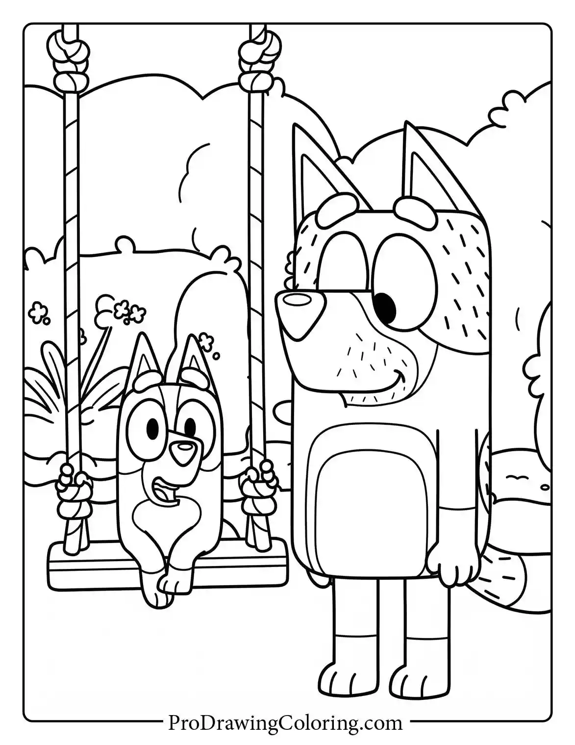 Free coloring sheet of little girl Bingo on a swing next to dad from bluey.