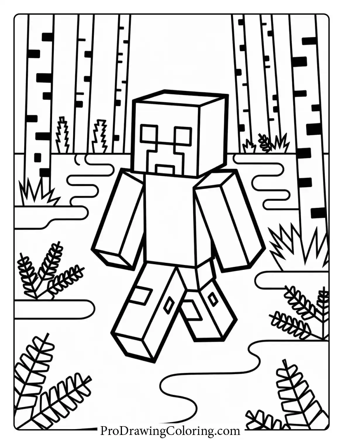 Realistic Minecraft coloring page of a Creeper walking through a birch forest with striped trees and leafy ground plants to color.
