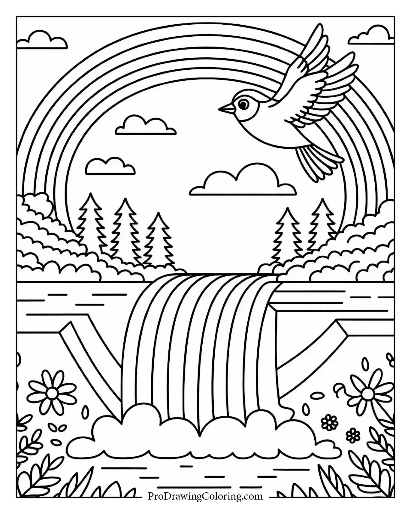A small bird flying above a forest waterfall glowing with rainbow light, printable coloring page
