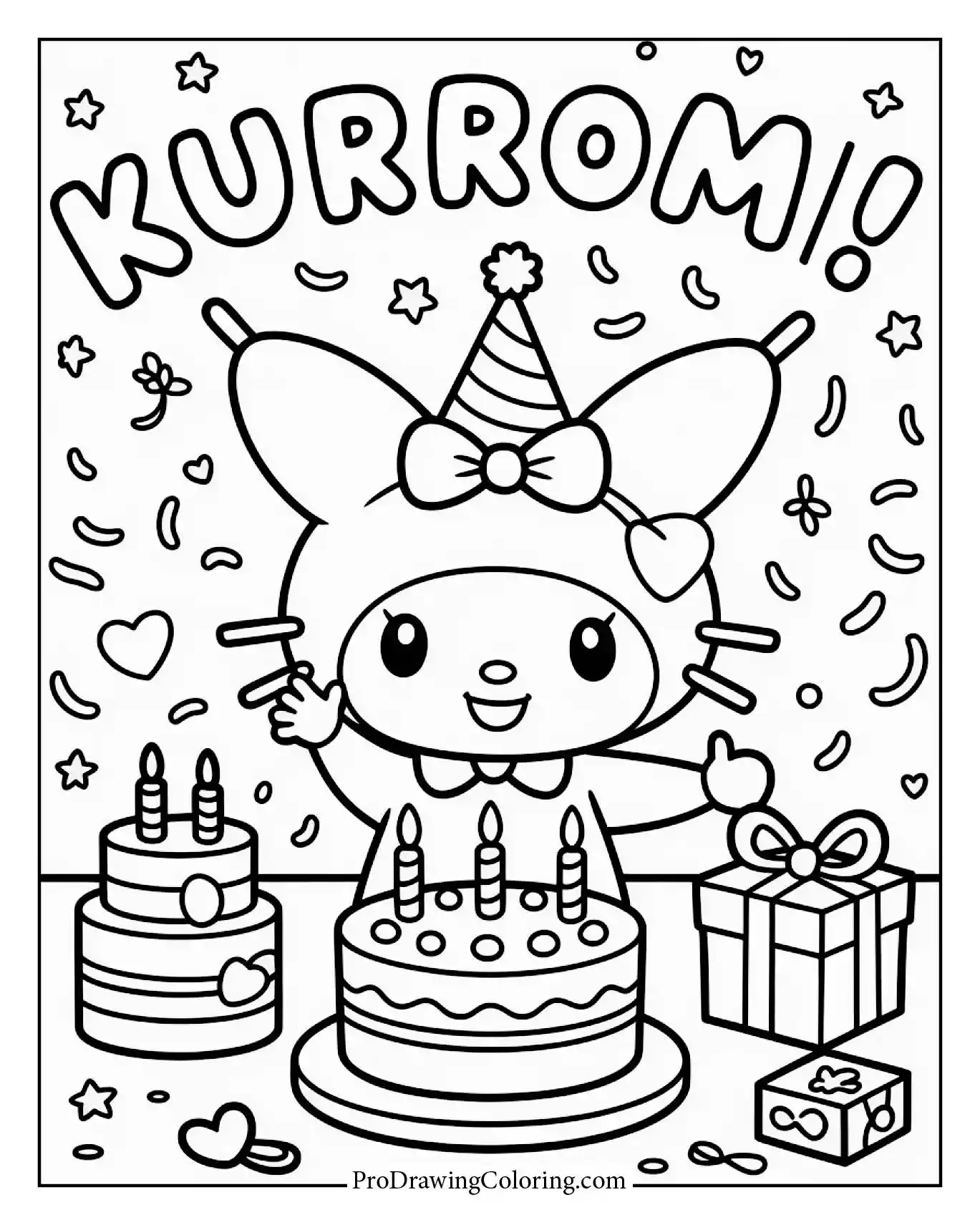 Joyful birthday Kuromi with cake and balloons, printable joy, party time.