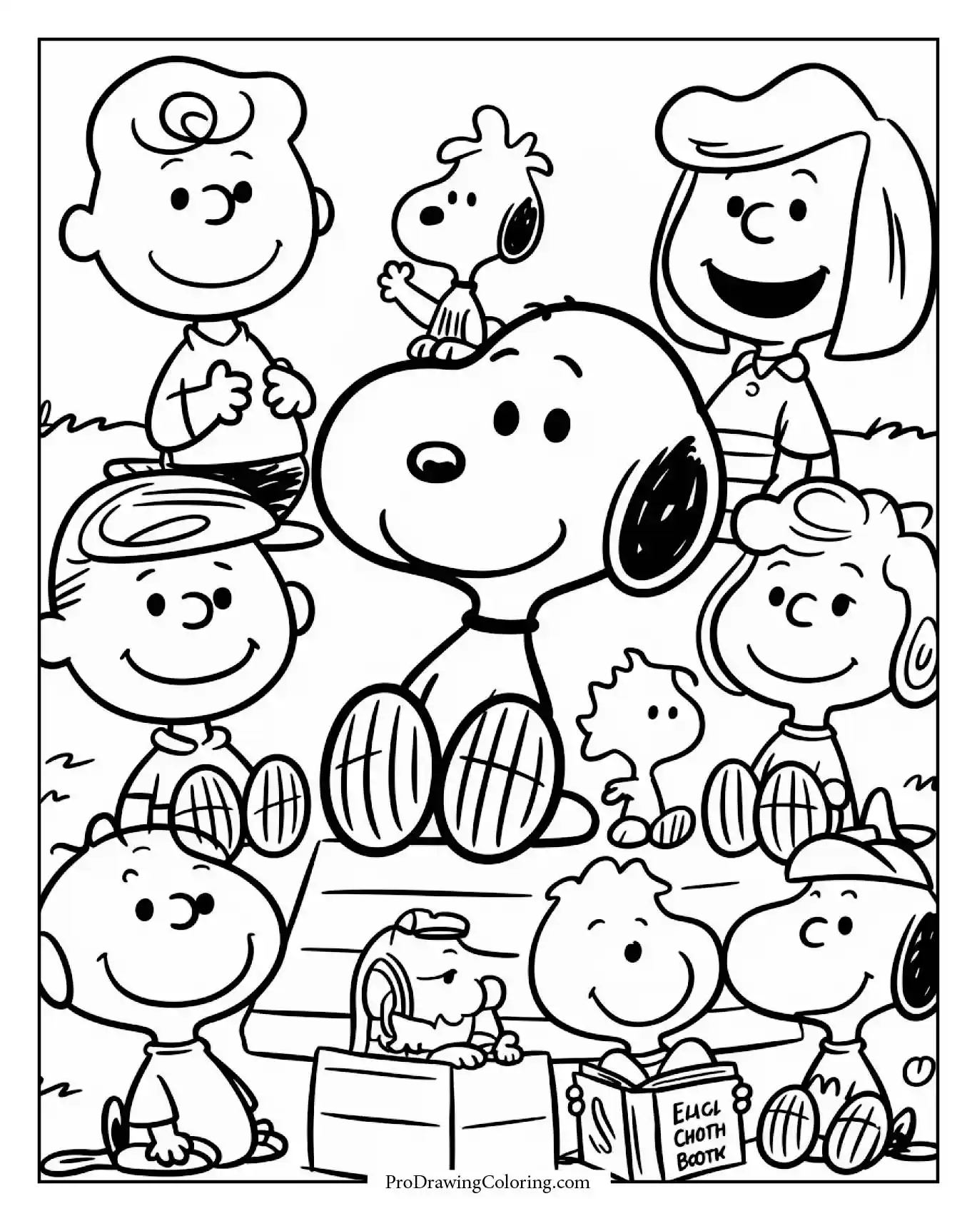 Coloring page of black and white coloring pages characters snoopy showing him with Sally, Schroeder at his piano, and Peppermint Patty playing baseball.