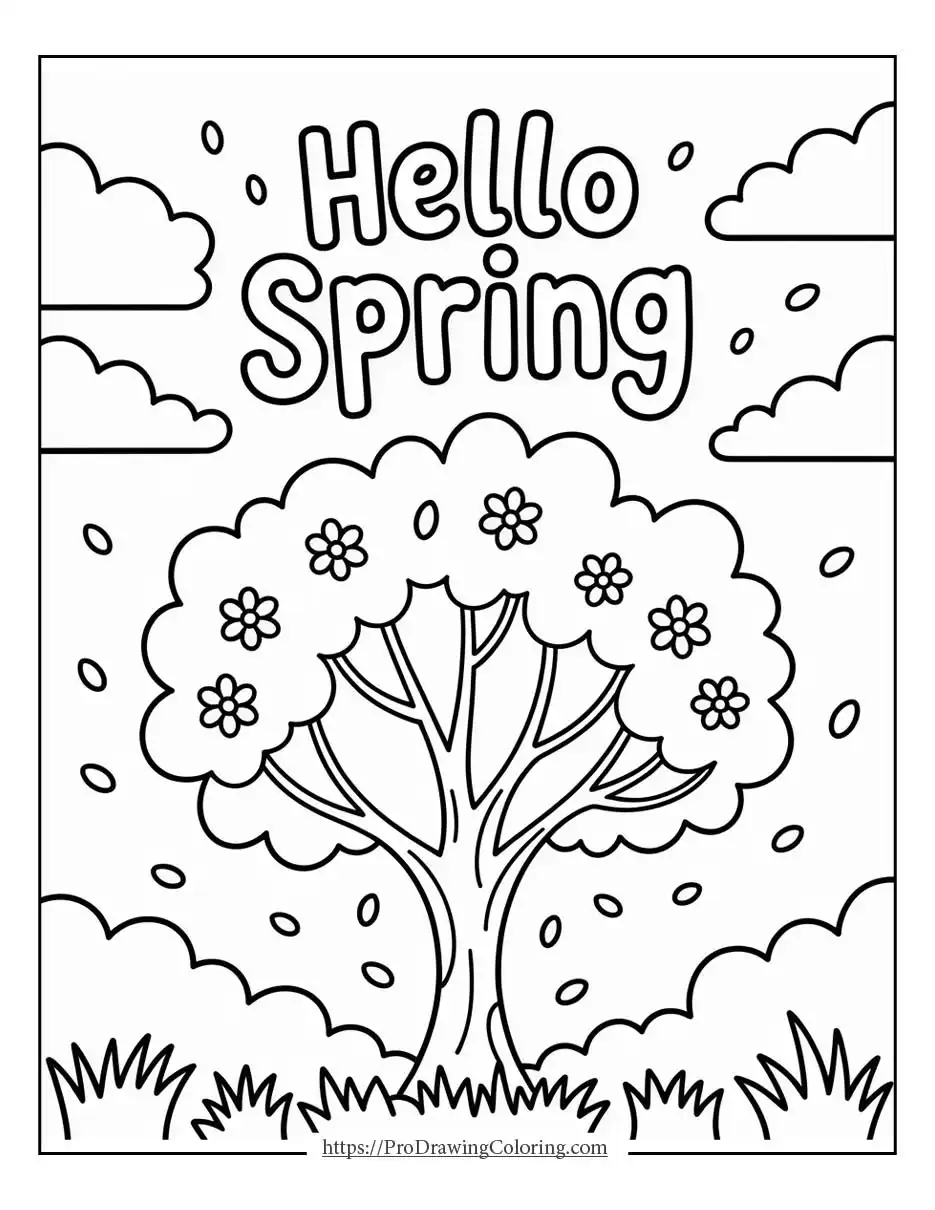 a blooming tree with clouds and falling leaves in spring, shown in a printable spring coloring page style