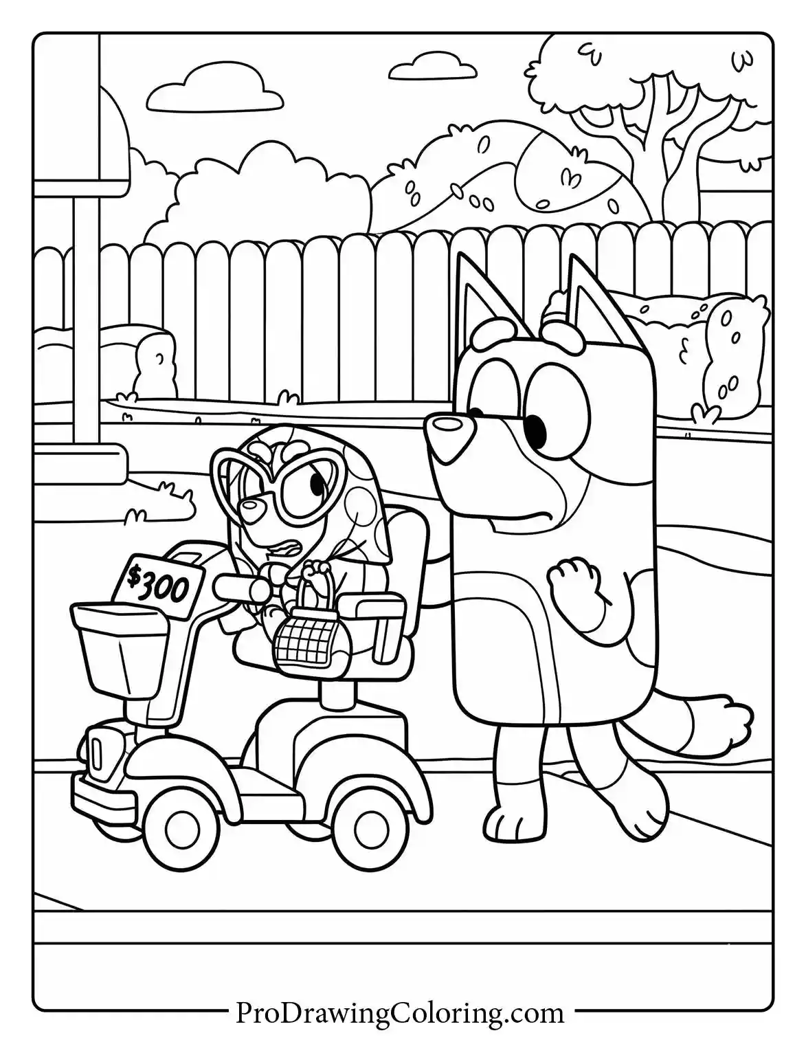 Drawing of Muffin as a granny on a scooter next to dad from bluey on a coloring sheet.