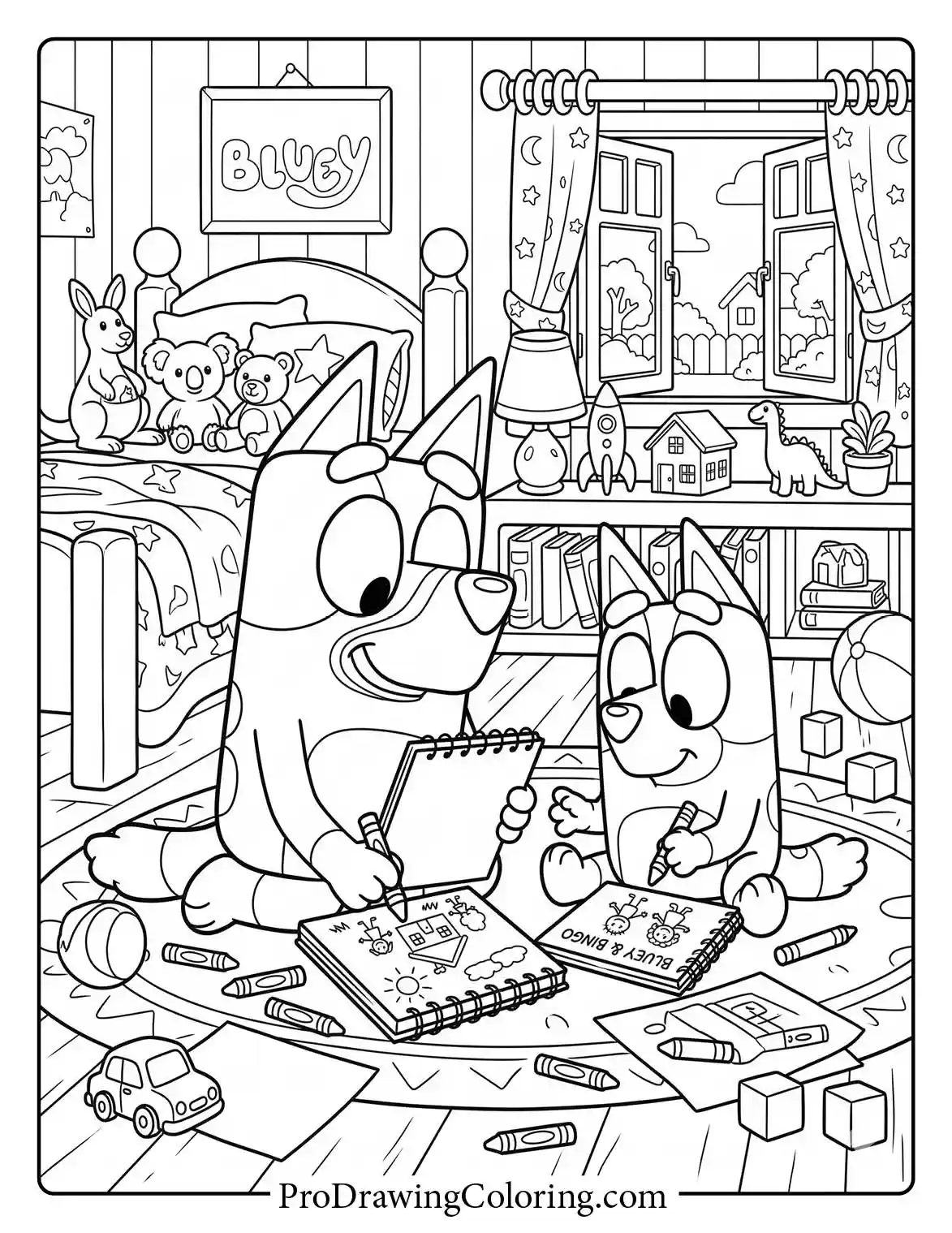 Bluey and Bingo sitting on their bedroom rug focusing on their sketchpads coloring page.