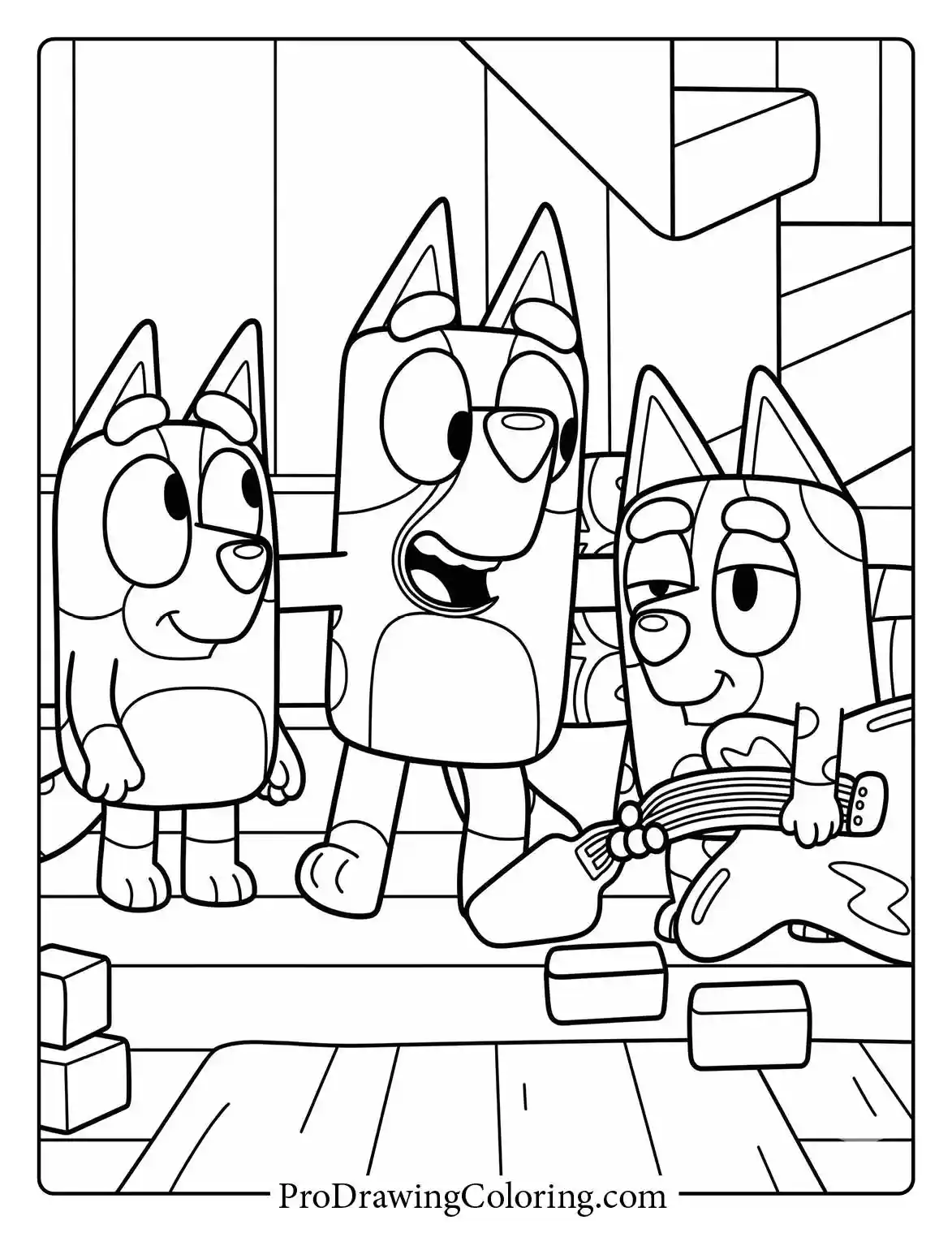 Fun drawing for kids showing Dad Bandit and Bluey watching Bingo play the acoustic guitar.