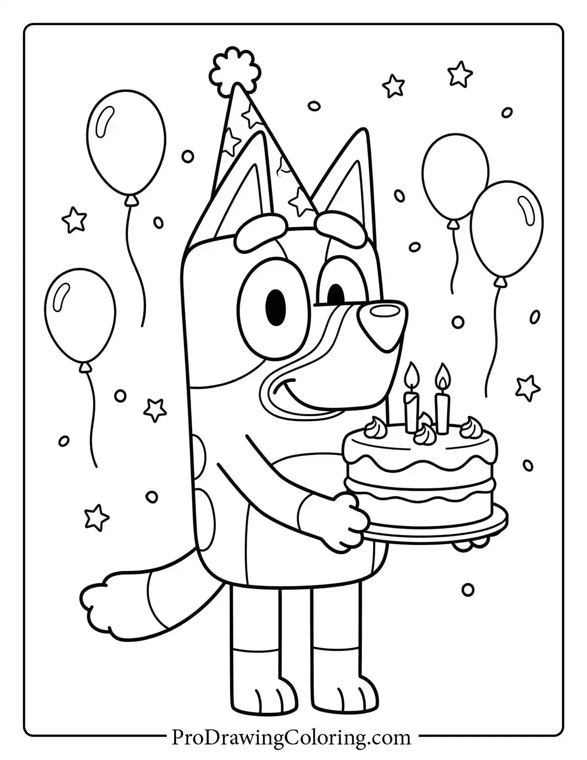 Printable page of Bluey wearing a party hat holding a delicious birthday cake and balloons.