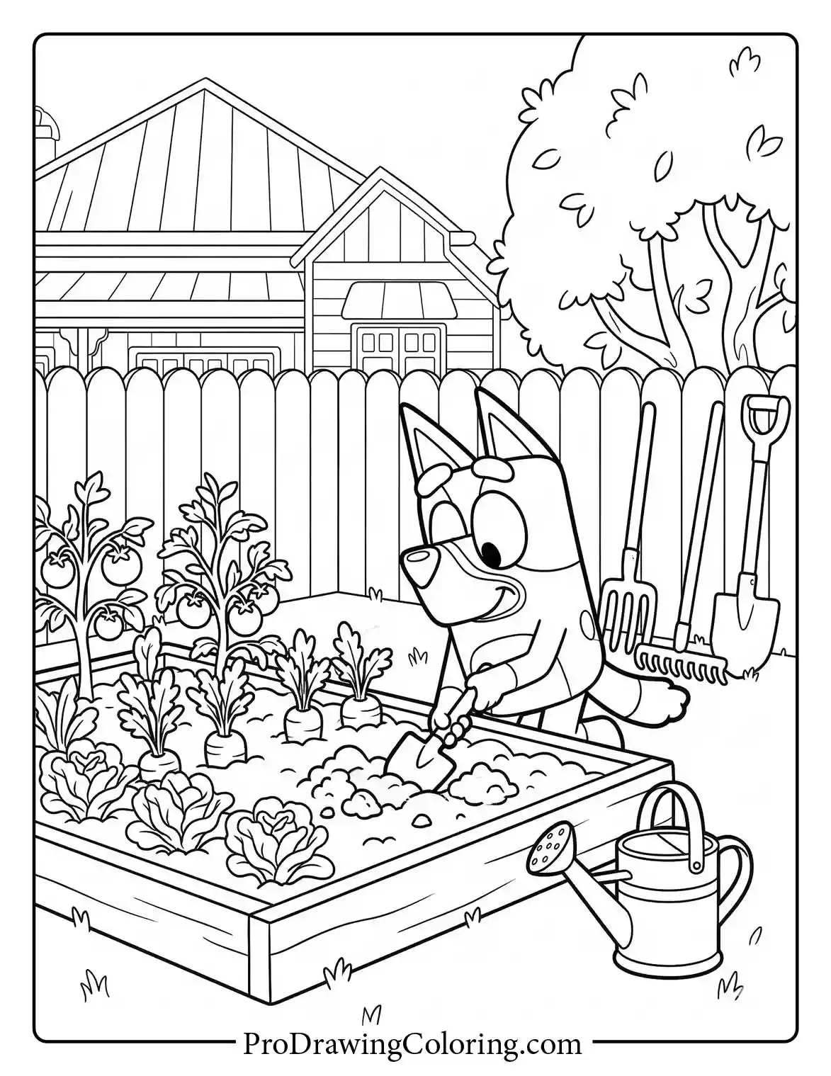 Free printable picture of Bluey working in the vegetable garden with a hand trowel.