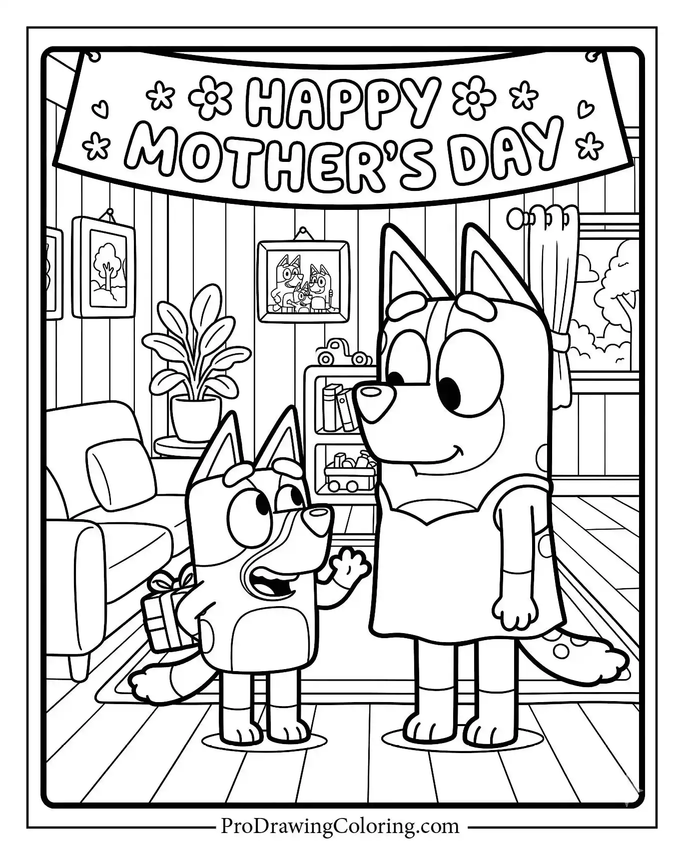 Two cartoon dog characters standing under a festive banner. Kids will enjoy this happy mothers day coloring page as a fun family activity.