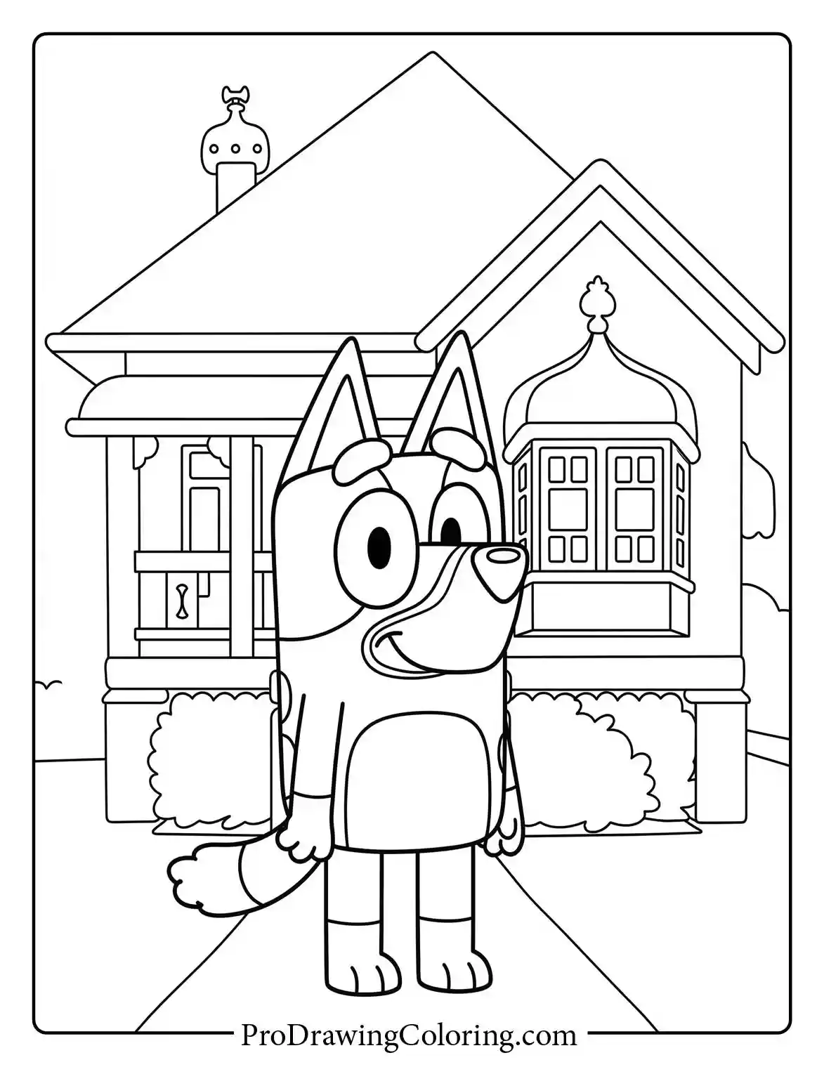 Bluey printable coloring pages featuring her standing proudly right in front of the Heeler family house.
