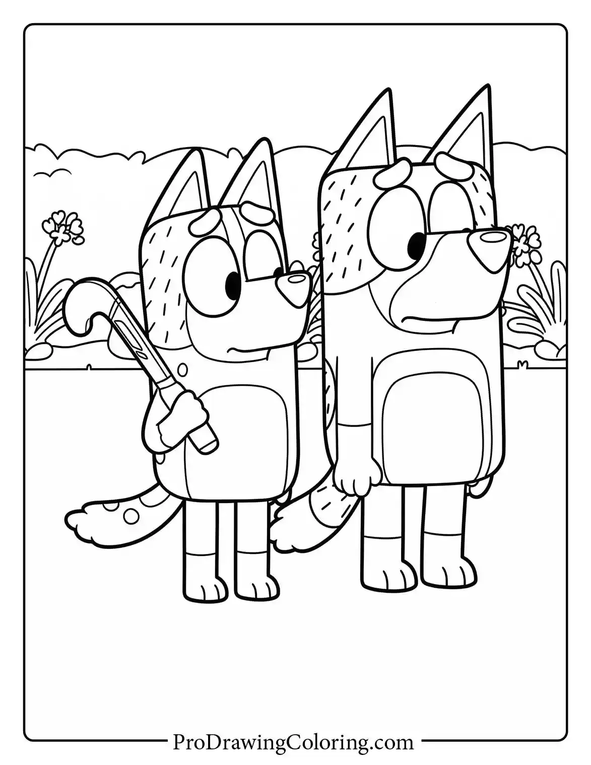 Mom Chilli holding a hockey stick next to dad from bluey in this simple colouring page.