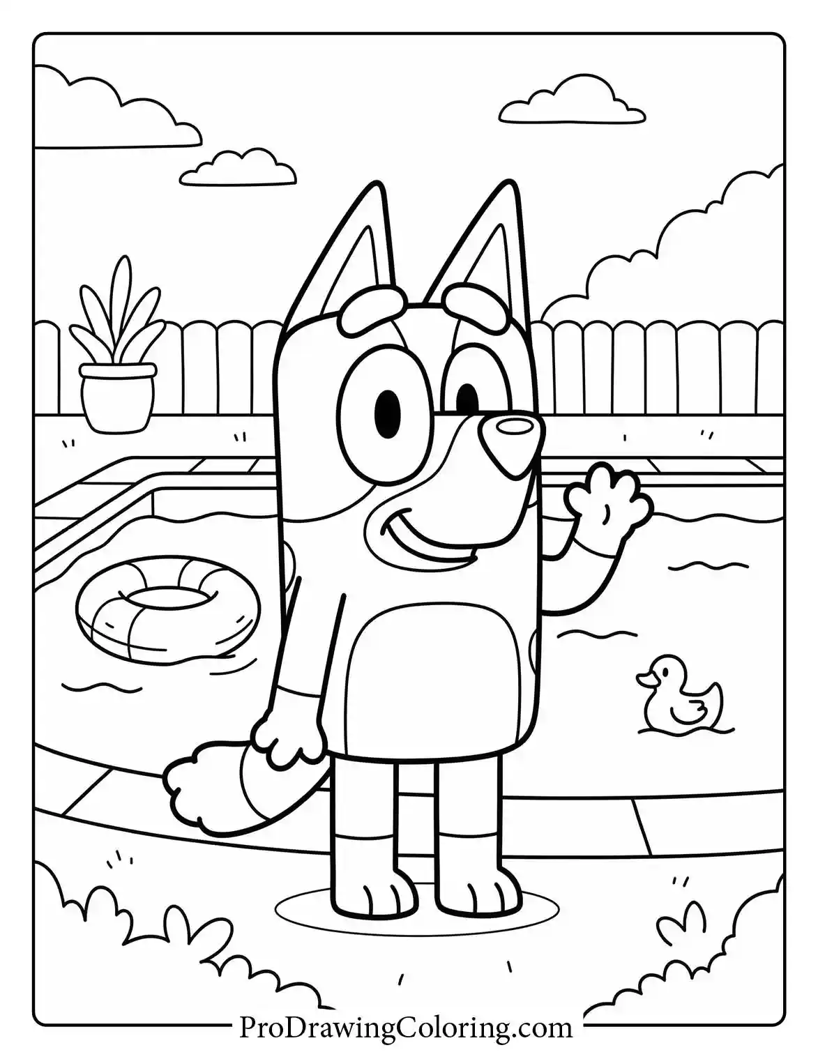 Happy Bluey smiling on this summer coloring page right next to the family pool.