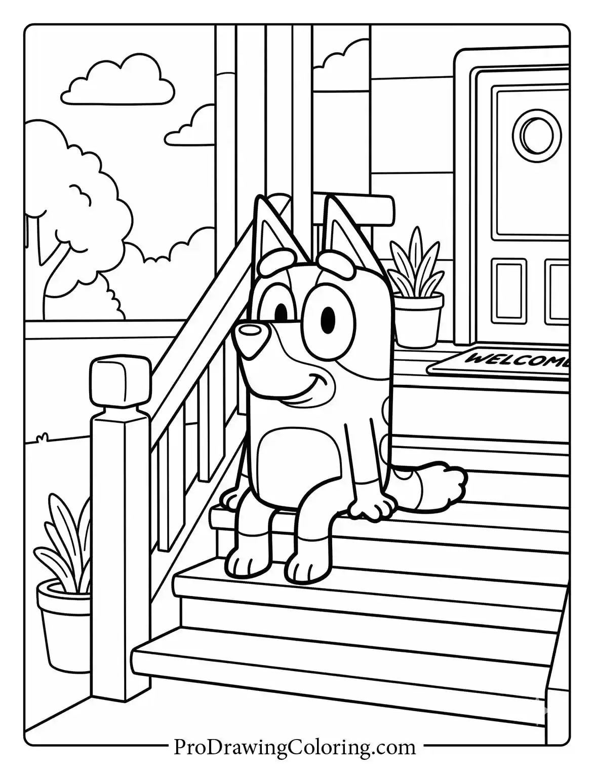 Bluey sitting patiently on the front porch wooden steps in this easy coloring picture.