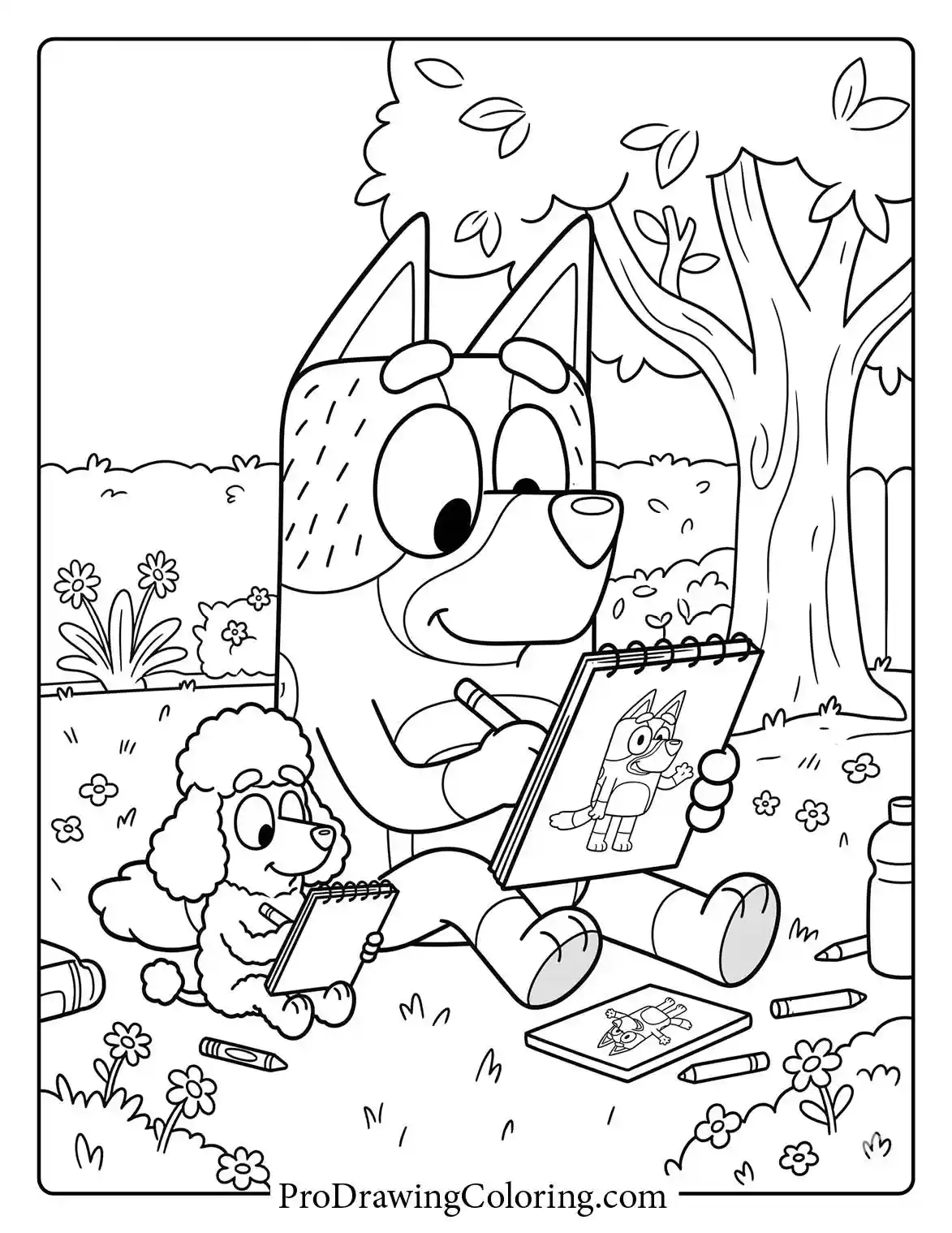 Free drawing of Dad Bandit sitting under a tree in this bluey spring coloring pages printable.