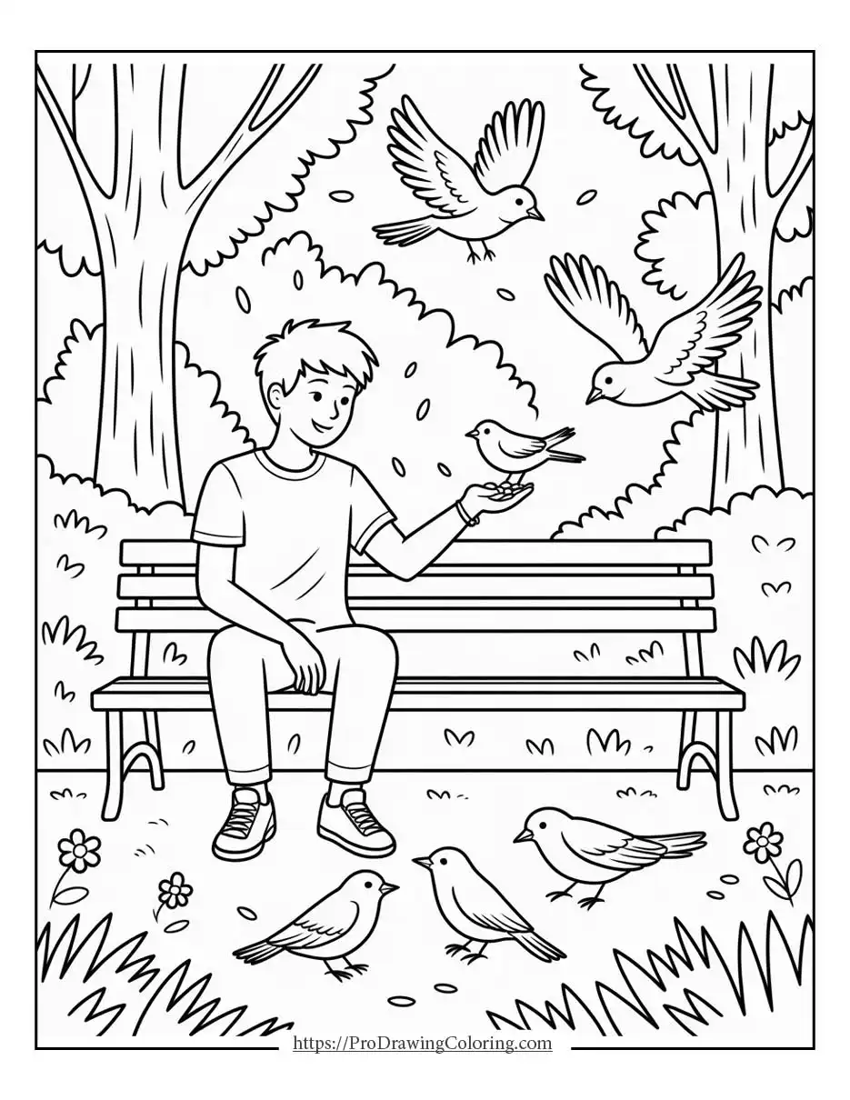 a spring park moment with a boy feeding birds on a bench, ideal for a spring coloring page printable