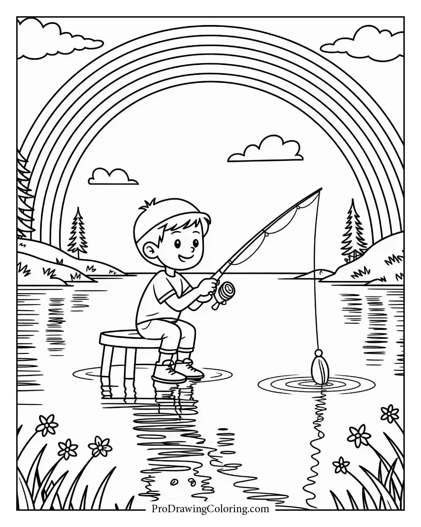 A boy fishing in a lake as rainbow colors reflect gently on the water