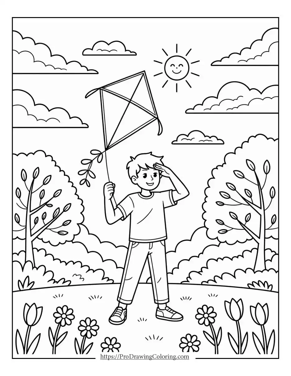 child flying a kite in a spring field with trees, flowers, clouds, and a smiling sun